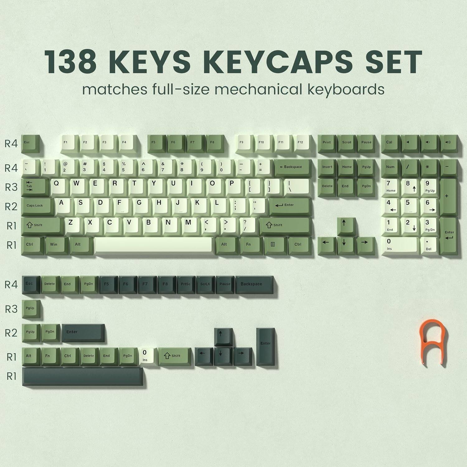 138 KEYS KEYCAPS SET matches full-size mechanical keyboards

R4: Esc, F1, F2, F3, F4, F5, F6, F7, F8, F9, F10, F11, F12, Print, Scroll, Pause, Calc, Backspace, Insert, Home, PgUp, Num, 7, 8, 9, -, +, 0, Ins, Del

R3: Tab, Q, W, E, R, T, Y, U, I, O, P, [, ], \, CapsLock, Delete, End, PgDn, 4, 5, 6, *, /, 1, 2, 3, Enter, Shift

R2: Ctrl, Win, Alt, A, S, D, F, G, H, J, K, L, ;, ', Shift, PgUp, PgDn, Enter, 0, Shift

R1: Fn, Ctrl, Delete, End, PgDn, Z, X, C, V, B, N, M, ,, ., /, Backspace, R3, R2, R1,