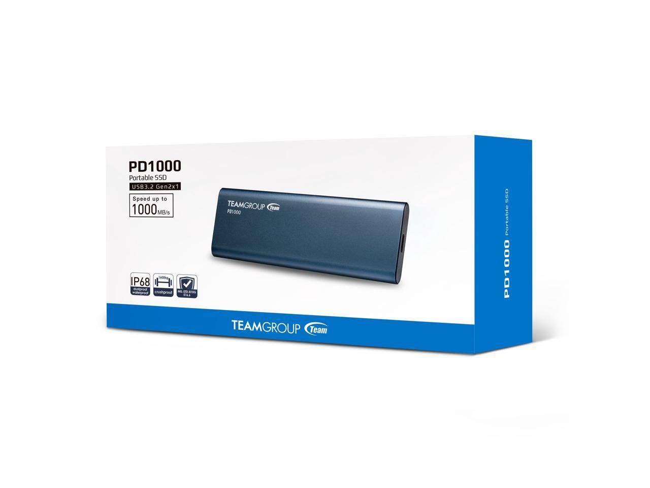 PD1000 Portable SSD  
USB3.2 Gen2x1  
Speed up to 1000 MB/s  

TEAMGROUP Team  
PD1000  

IP68 Waterproof  
Crushproof  
1000G Shockproof  

TEAMGROUP Team