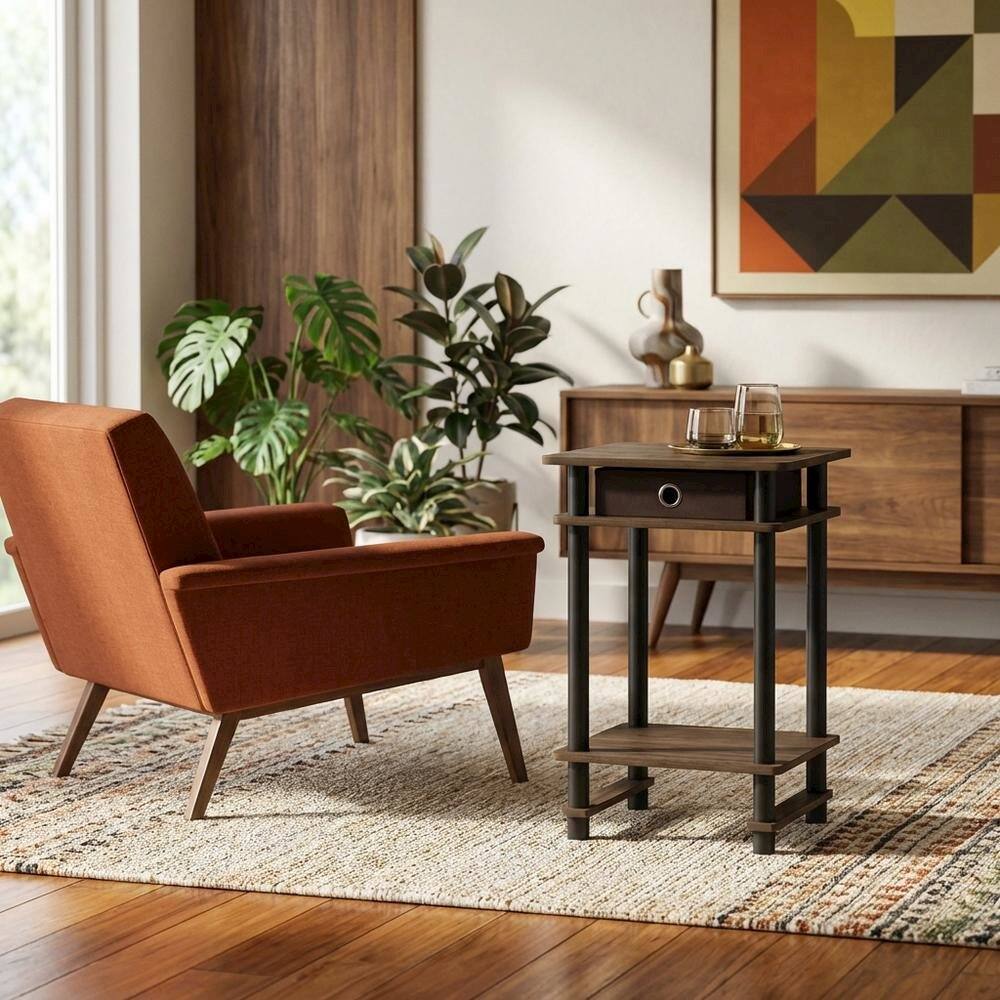 Angle. FurniFact - Dark Brown end table with storage bin - Columbia Walnut/Black/Dark Brown.