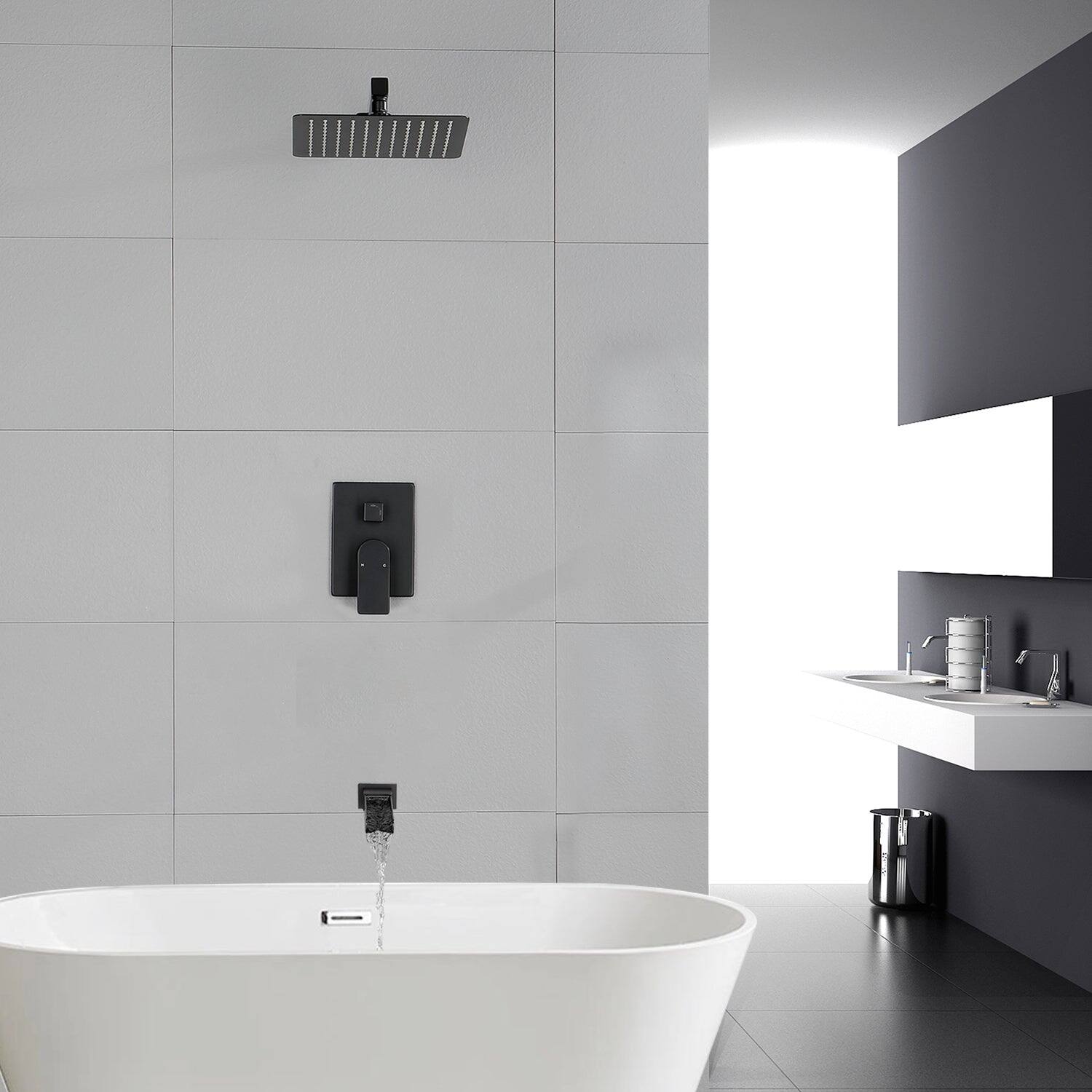 Alt View 5. Boyel Living - Black Shower Set 10 Inch SUS304 Top Spray Waterfall Spout cUPC Pressure Balance Valve - Matte Black.