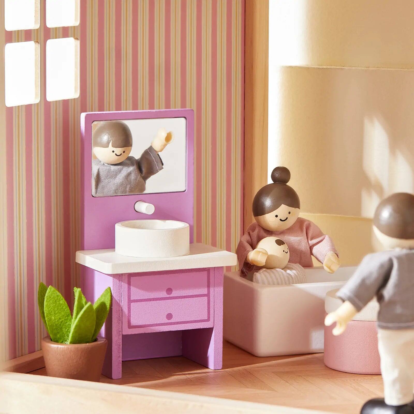 Alt View 2. Tiny Land - 3-Story Wooden Dollhouse with 31 Furniture Pieces, Dollhouse Dolls & Baby Stroller, Pretend Play Toy for Kids - Unicorn Purple.