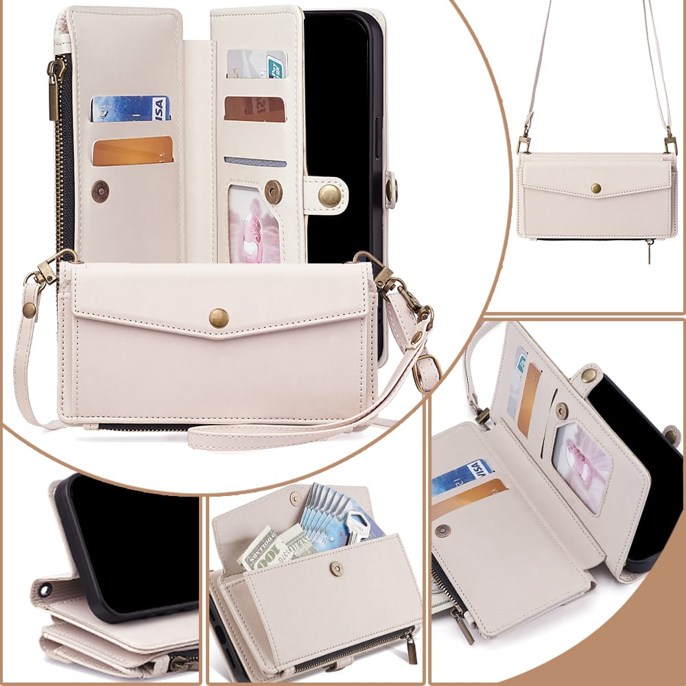 Dteck - Crossbody Wallet Case for Motorola G 5G (2025) with Zipper Purse, Shockproof Protective Cover with Kickstand - White