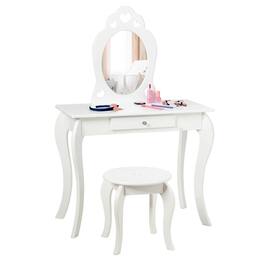 Costway - Kids Vanity Set Princess Makeup Dressing Play Table Set W/Mirror - White