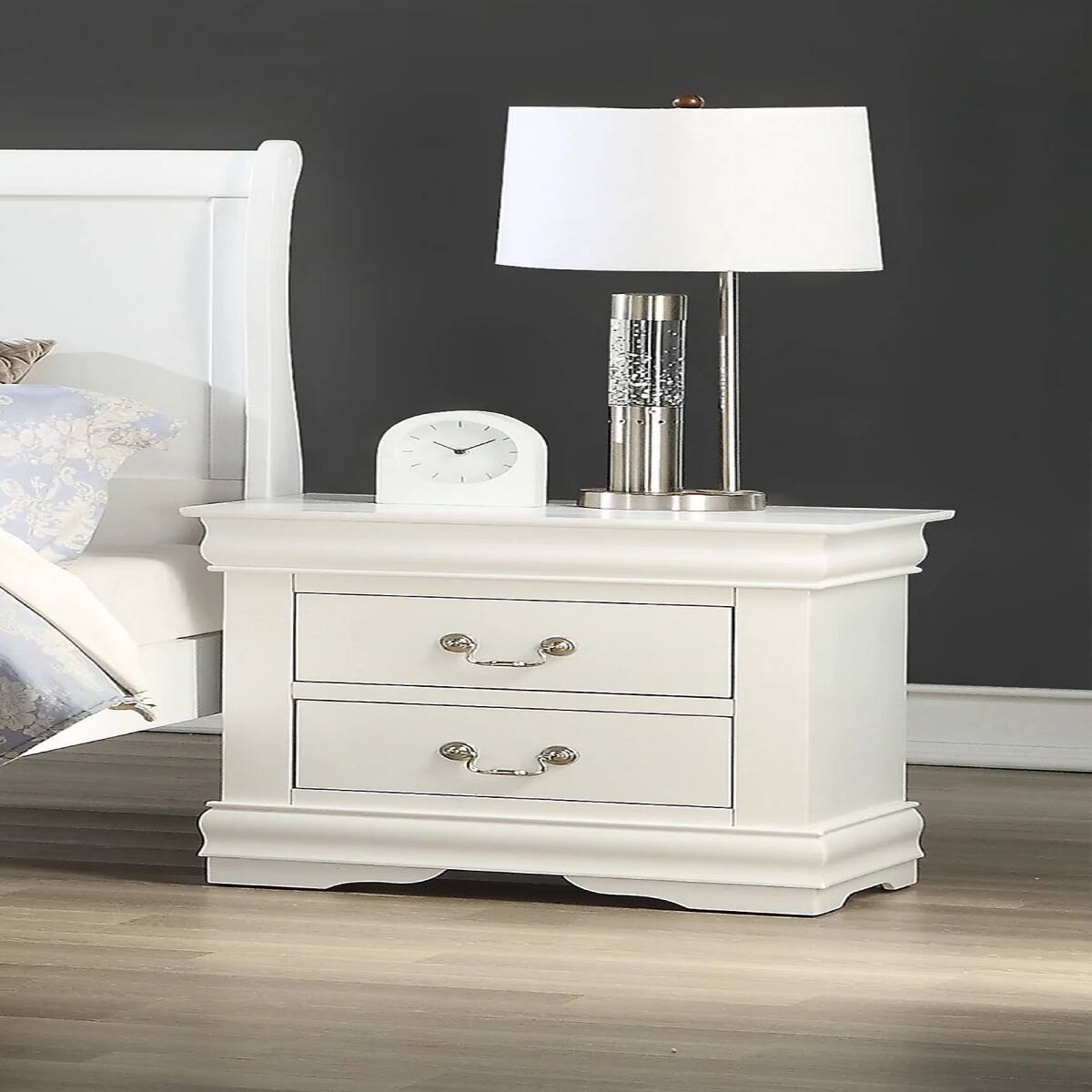 Back. Loheer - Loheer White Solid Wood Nightstand with Two Drawers for Bedroom - White.
