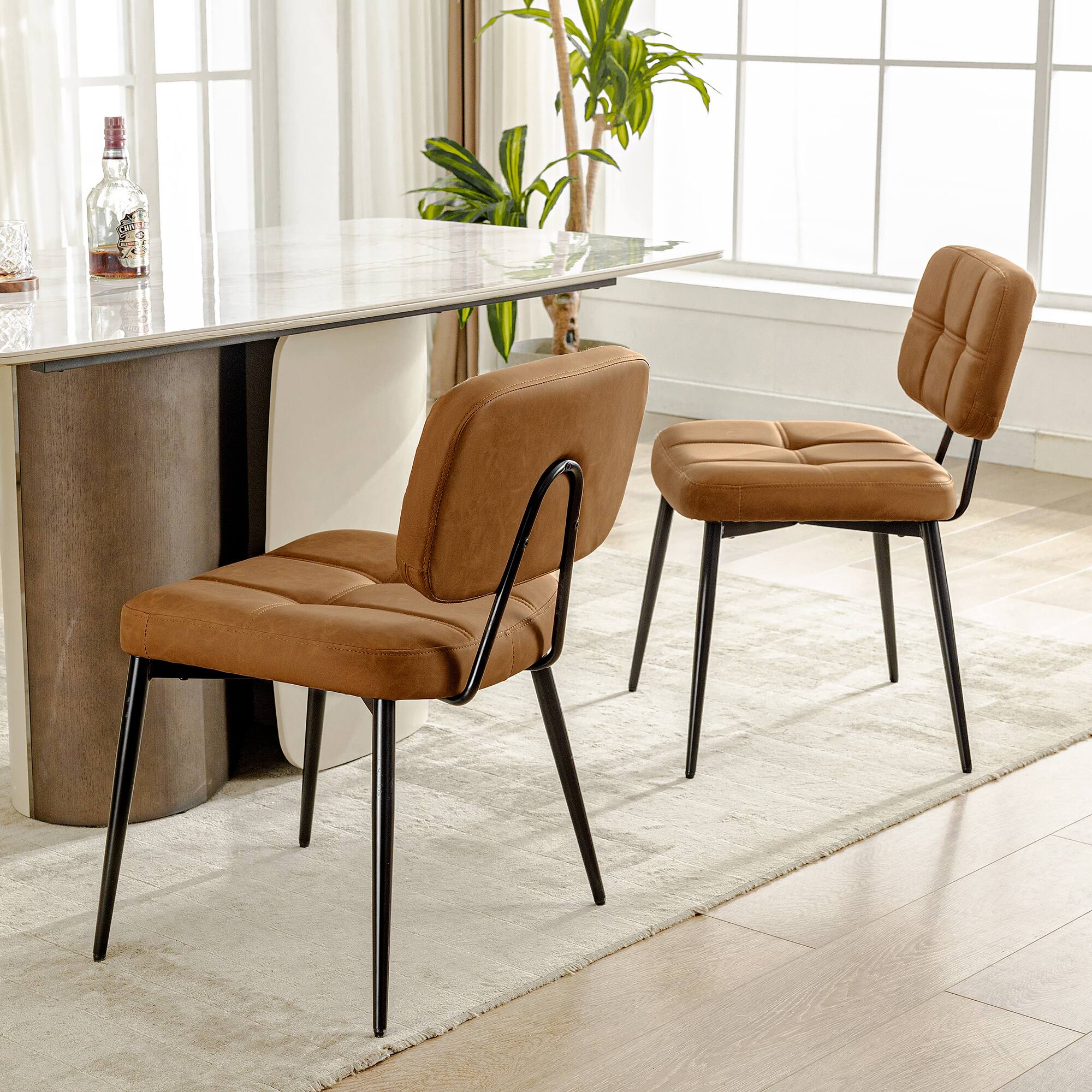 Angle. KERDOM - Mid-Century Dining Chairs Set of 2, Vintage PU Leather Armless Kitchen Chair 2pcs, Thickened Cushion Coffee Corner Chair - Brown.