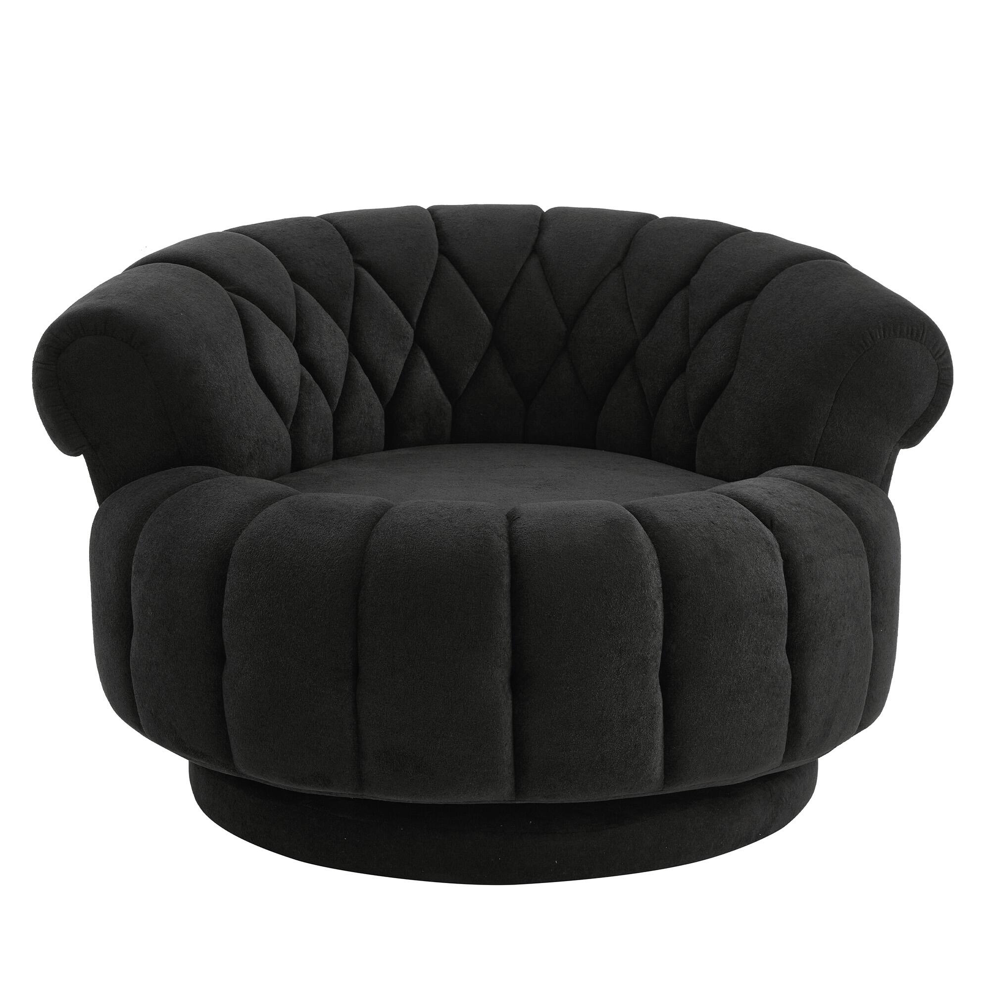Angle. Whisen - 45.9" Oversized Round Swivel Sofa Accent Chair with Tufted Back and Chenille Upholstery - Black.
