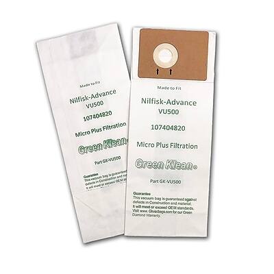 Made to Fit  
Nilfisk-Advance VU500  
107404820  
Micro Plus Filtration  
Green Klean  
Part GK-VU500  

Guarantee  
This vacuum bag is guaranteed against defects in construction and materials. If you find a defect, please contact us at 1-800-334-6637 or visit our website at www.nilfisk.com for our Creon Diamond Warranty.  

Made to Fit  
Nilfisk-Advance VU500  
107404820  
Micro Plus Filtration  
Green Klean  
Part GK-VU500  

Guarantee  
This vacuum bag is guaranteed against defects in construction and materials. If you find a defect, please contact us at 1-800-334-6637 or visit our website at www.nilfisk.com for our Creon Diamond Warranty.