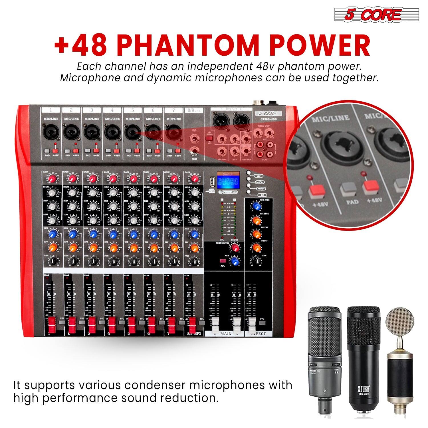 5 CORE +48 PHANTOM POWER  
Each channel has an independent 48v phantom power. Microphone and dynamic microphones can be used together.  

It supports various condenser microphones with high performance sound reduction.