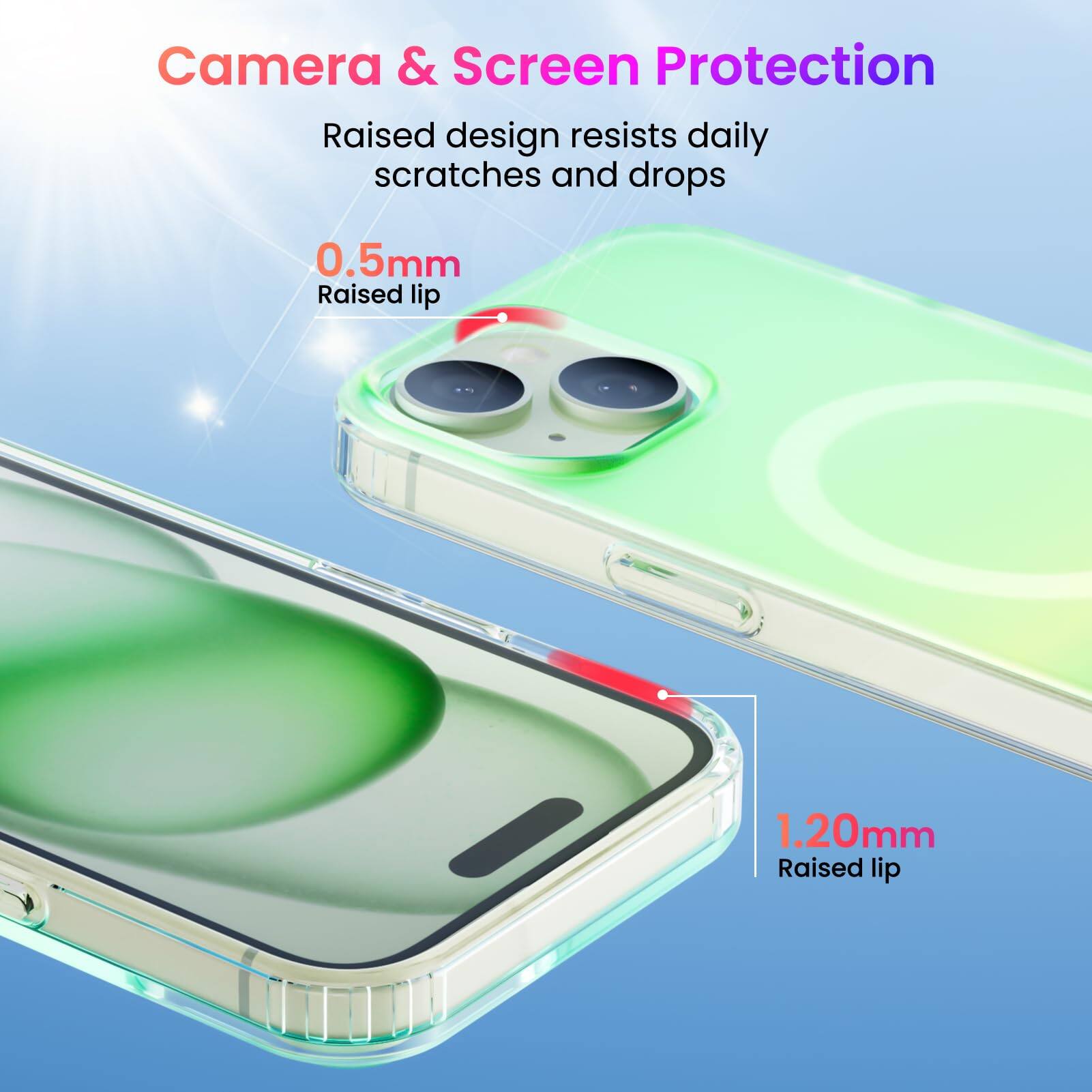Camera & Screen Protection
Raised design resists daily scratches and drops
0.5mm Raised lip
1.20mm Raised lip