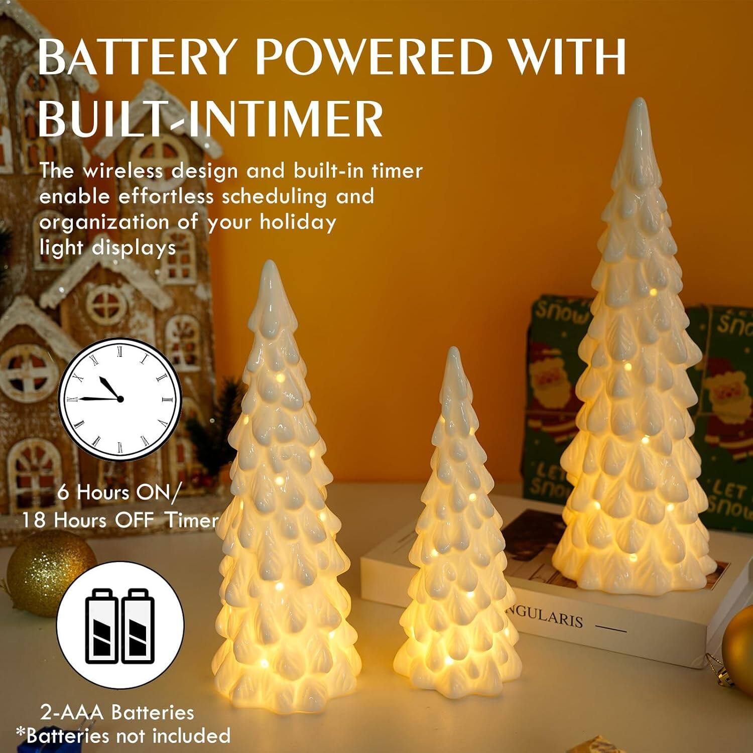 BATTERY POWERED WITH BUILT-IN TIMER

The wireless design and built-in timer enable effortless scheduling and organization of your holiday light displays.

6 Hours ON / 18 Hours OFF Timer

2-AAA Batteries *Batteries not included