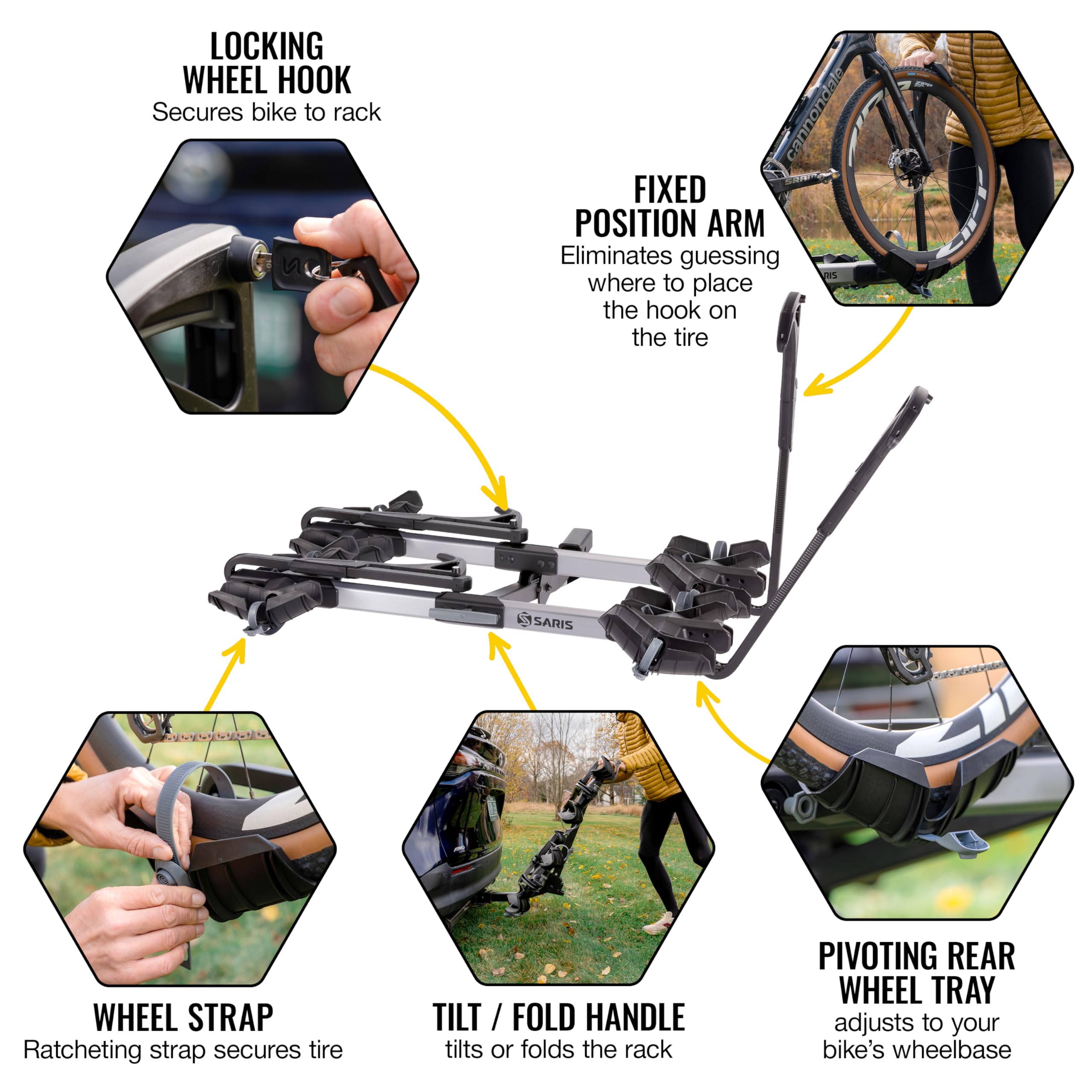 - LOCKING WHEEL HOOK  
  Secures bike to rack

- FIXED POSITION ARM  
  Eliminates guessing where to place the hook on the tire

- WHEEL STRAP  
  Ratcheting strap secures tire

- TILT / FOLD HANDLE  
  Tilts or folds the rack

- PIVOTING REAR WHEEL TRAY  
  Adjusts to your bike's wheelbase