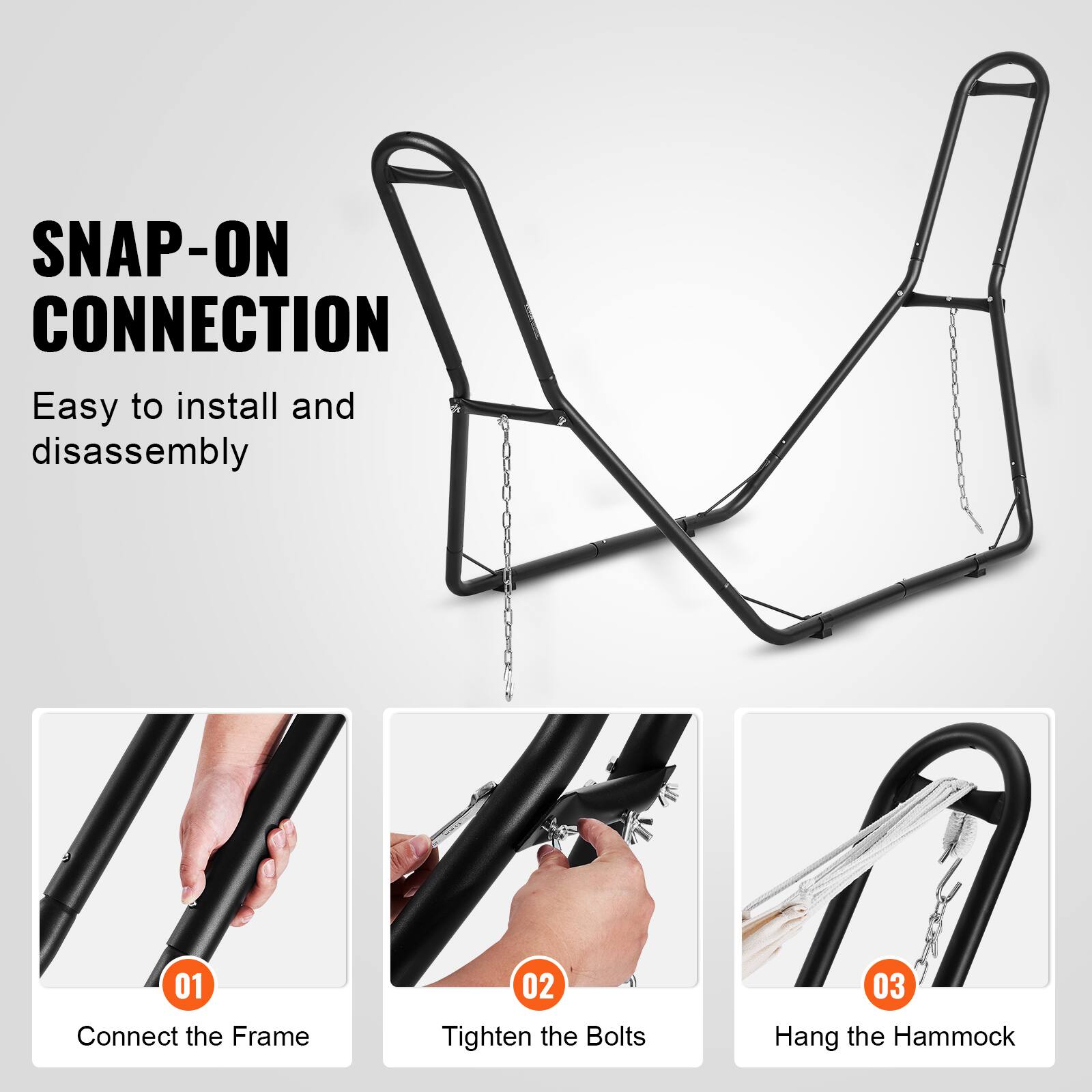 SNAP-ON CONNECTION  
Easy to install and disassembly  

01 Connect the Frame  
02 Tighten the Bolts  
03 Hang the Hammock