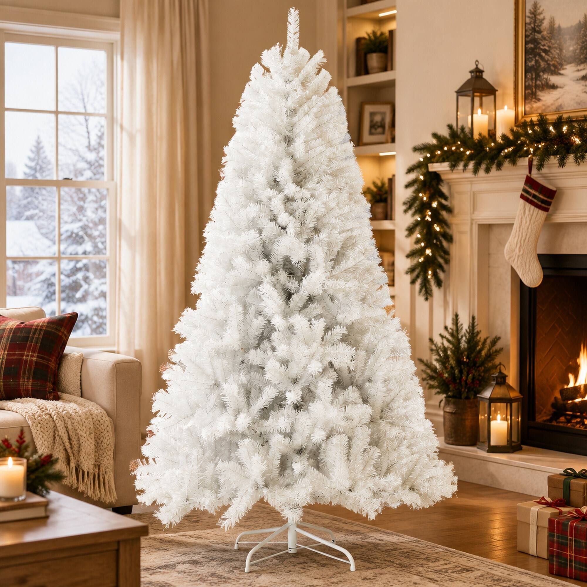 Left. RYHNUYNE - 9 Ft Unlit White Artificial Christmas Tree With 2132 Branch Tips, Auto Open Steel Base Hinged Holiday Decor - White.