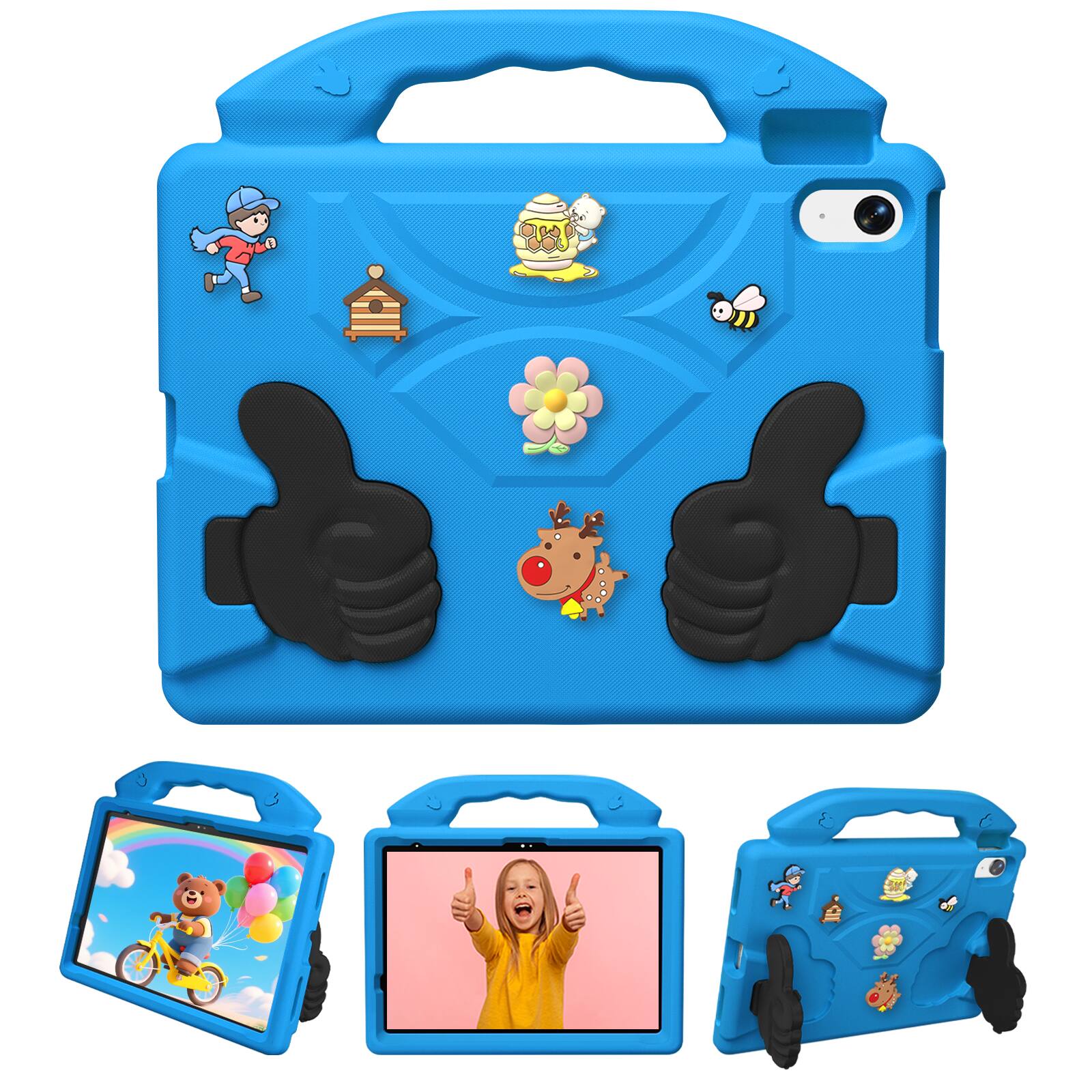 Front. Dteck - Kids Case for 11" iPad A18 12th Gen 2026/iPad A16 11th Gen 2025/iPad 10, Shockproof Silicone Stand Cover with Fun Charms - Blue.