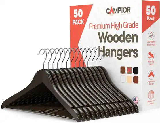 50 Pack, Premium High Grade, Wooden Hangers, 360 Degree Swivel Hook, Non-Slip Notch, Ergonomic Design, Splinter-Free Coating