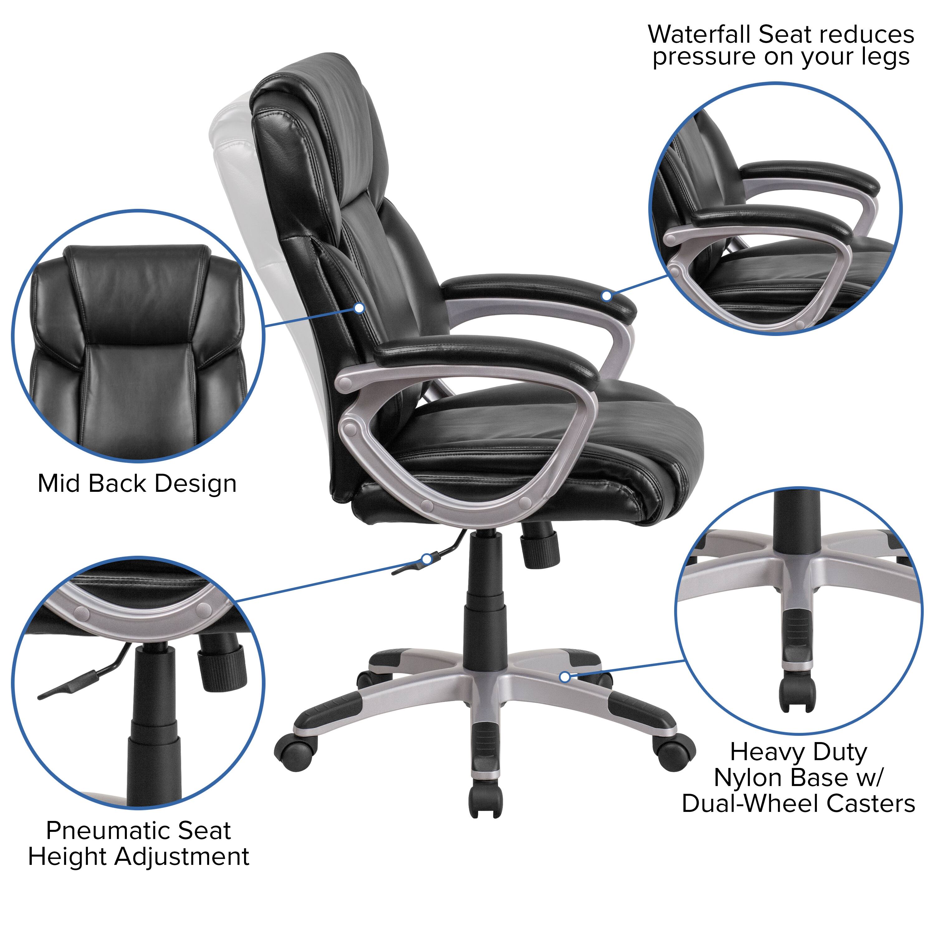 Waterfall Seat reduces pressure on your legs  
Mid Back Design  
Pneumatic Seat Height Adjustment  
Heavy Duty Nylon Base w/ Dual-Wheel Casters