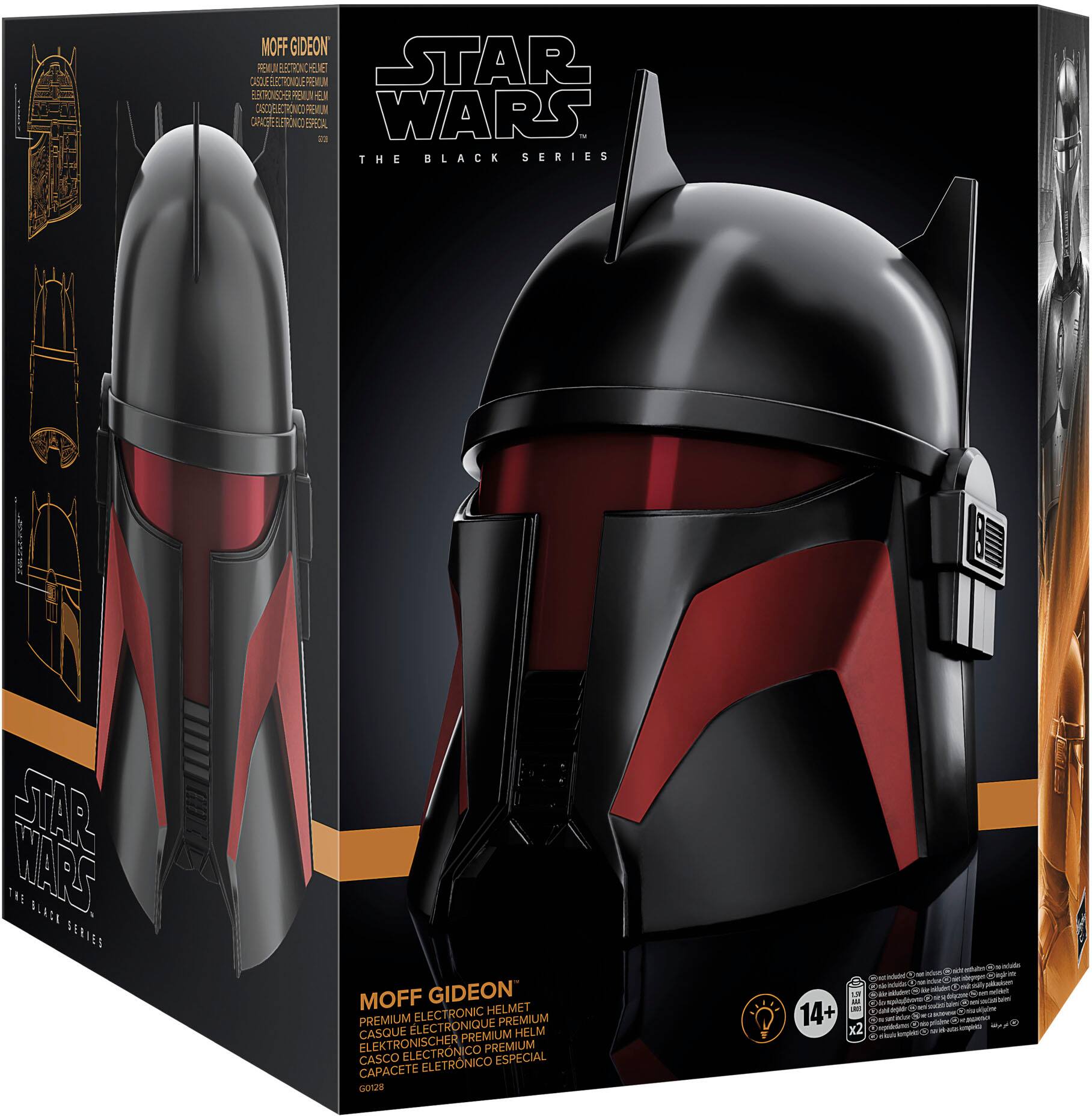 The image features a Star Wars product, specifically a Moff Gideon electronic helmet from The Black Series. The helmet is displayed in a box, which also contains a premium electronic helmet. The product is designed for fans of the Star Wars franchise and is likely to be a popular collectible item.