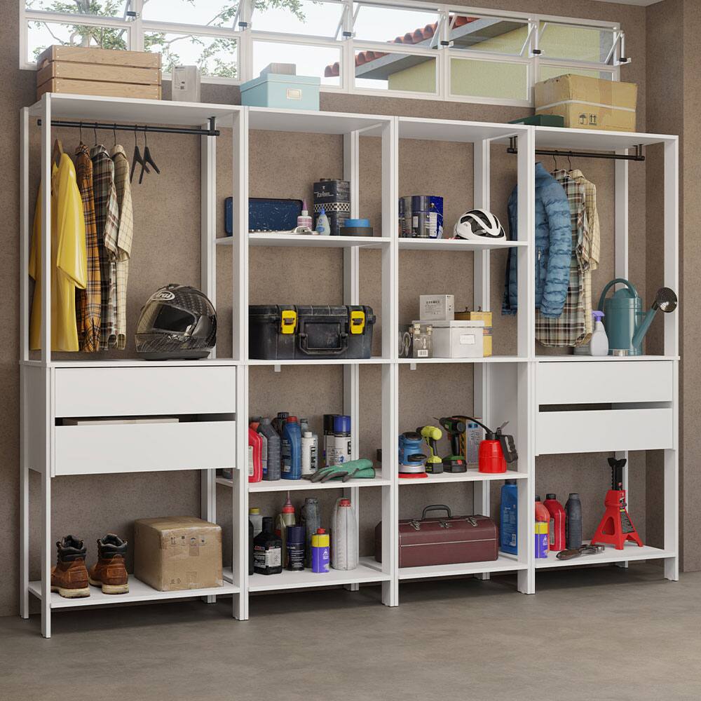 Madesa - Garage Storage Rack with 4 Drawers, Open Shelves and Hanging Spaces 102"L - White - White