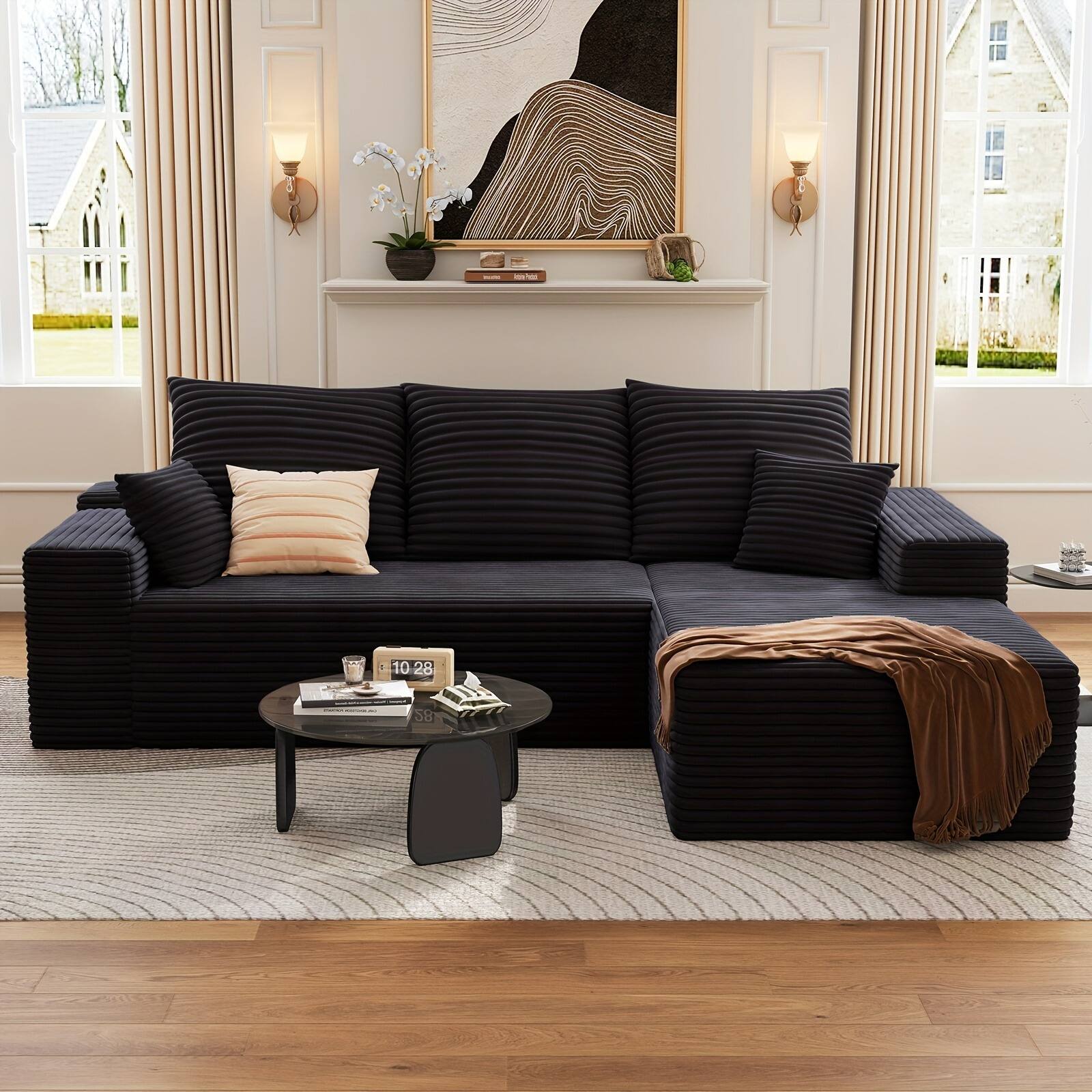 Front. GlowWise - 103" Modern Folding Sofa Bed, Easy to Assemble, Suitable for Living Rooms and Apartments, Living Room Folding Sofa Bed - 3 Seater+left-facing Chaise+black.