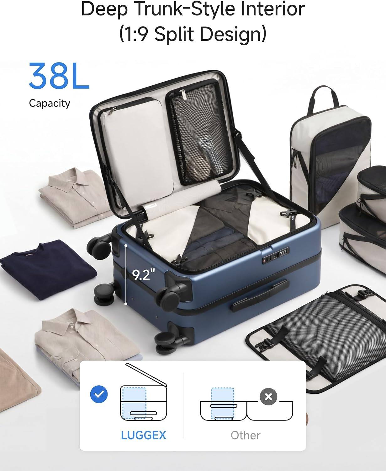 Deep Trunk-Style Interior (1:9 Split Design)  
38L Capacity  
9.2"  
LUGGEX