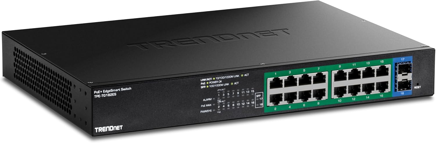 TRENDNET  
PoE+ EdgeSmart Switch  
TPE-TG182ES  

LINK/ACT 1 10/100/1000M LINK  
POWER OK  
SFP 100/1000M LINK  
ACT MOD  
LINK SFP  
PoE+  
ALARM  
PoE MAX  
PWRSYS  
RESET