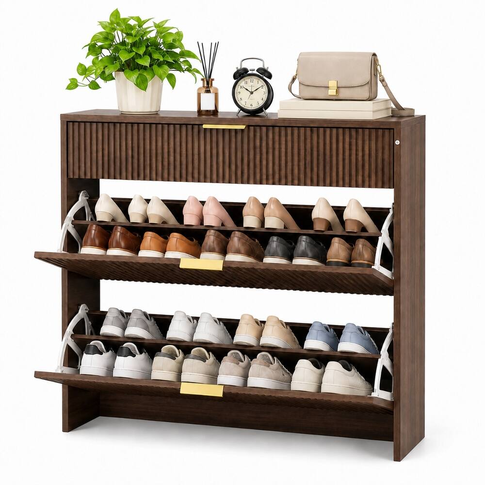 Left. Loheer - Loheer narrow fluted shoe storage cabinet, walnut shoe cabinet with gold handles, freestanding slim shoe rack. - Walnut.