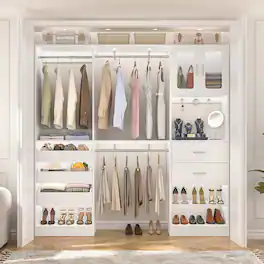 Aheaplus - 120'' Closet System 2-Piece Set, 10FT Walk in Closet Organizer with 5 Drawers, 3 Hanging Rods, and Cabinet, Reversible - White