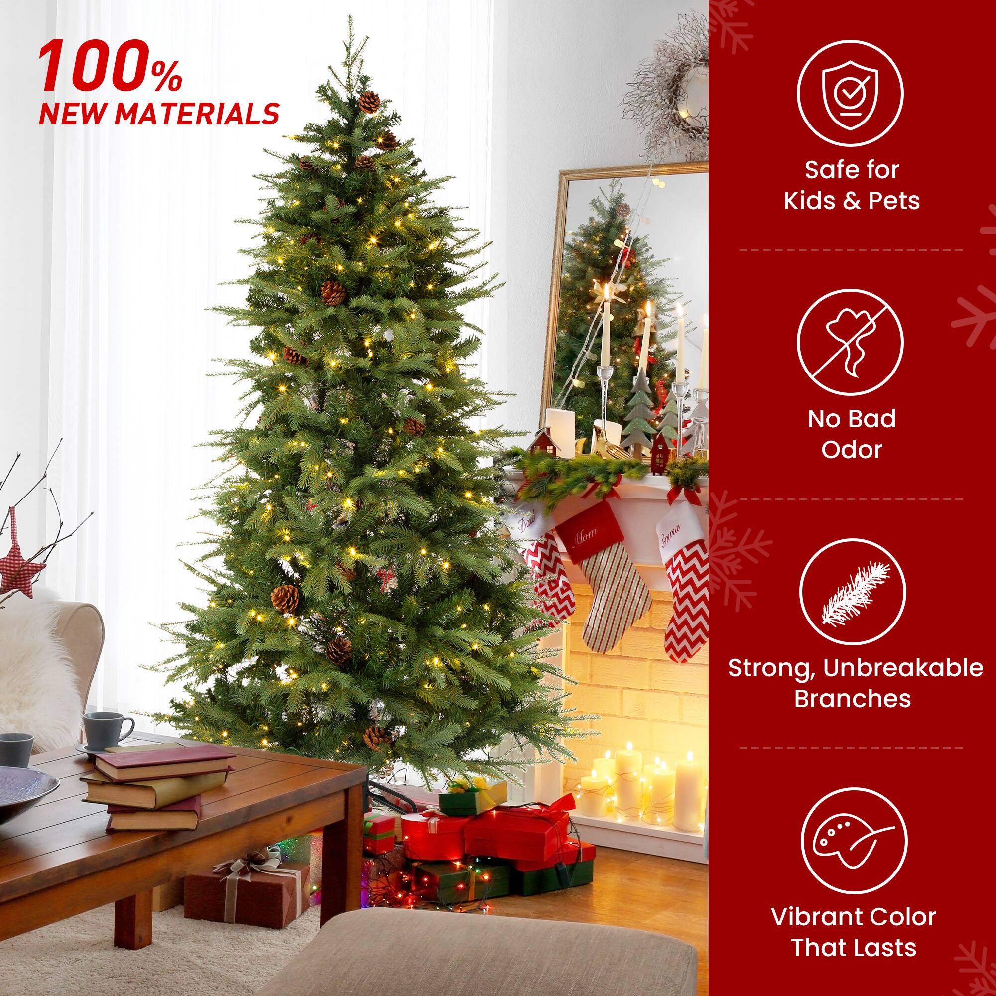 100% NEW MATERIALS  
Safe for Kids & Pets  
No Bad Odor  
Strong, Unbreakable Branches  
Vibrant Color That Lasts
