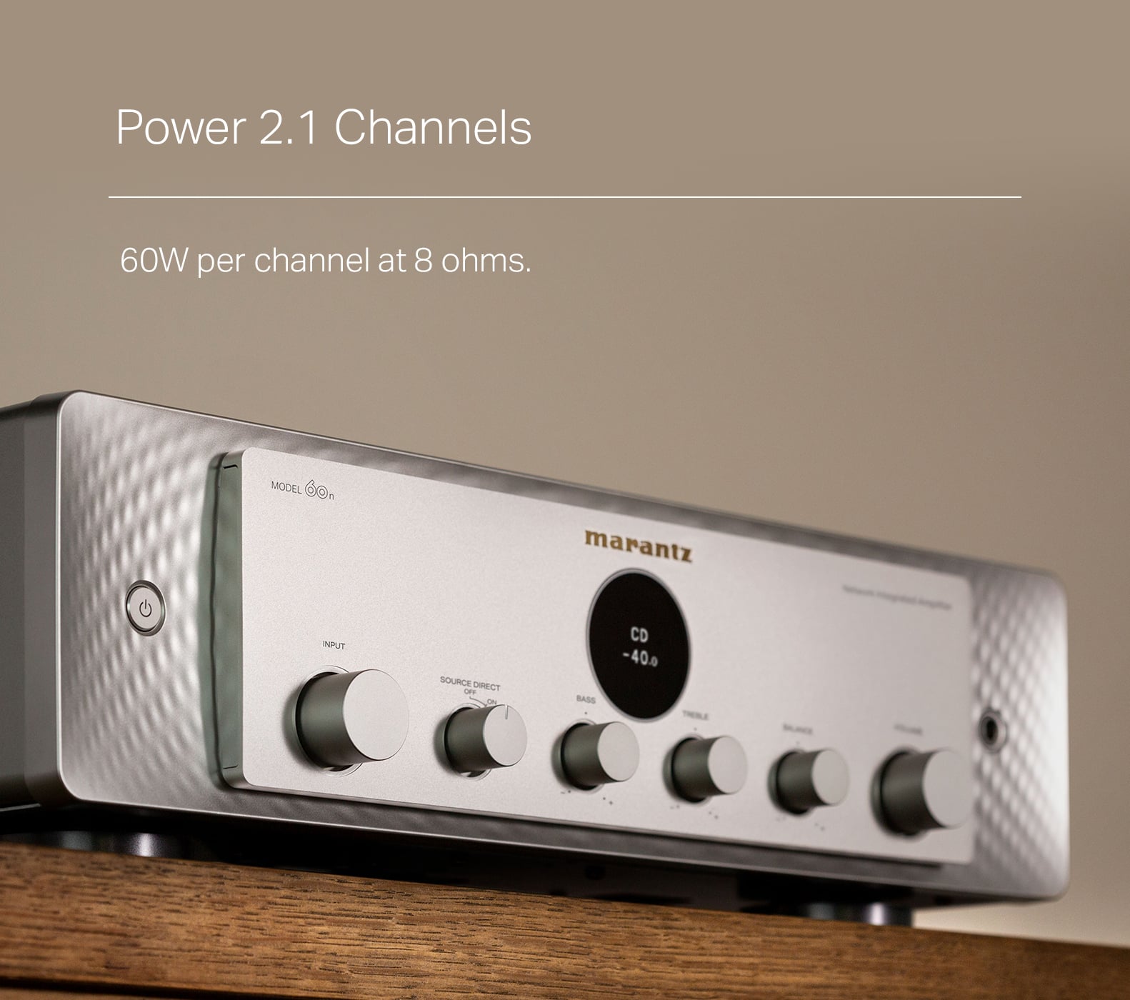 The text on the image reads: "Power 2.1 Channels 60W per channel at 8 ohms. MODEL 6n marantz INPUT SOURCE CIRECT OFF SASS CD -400."