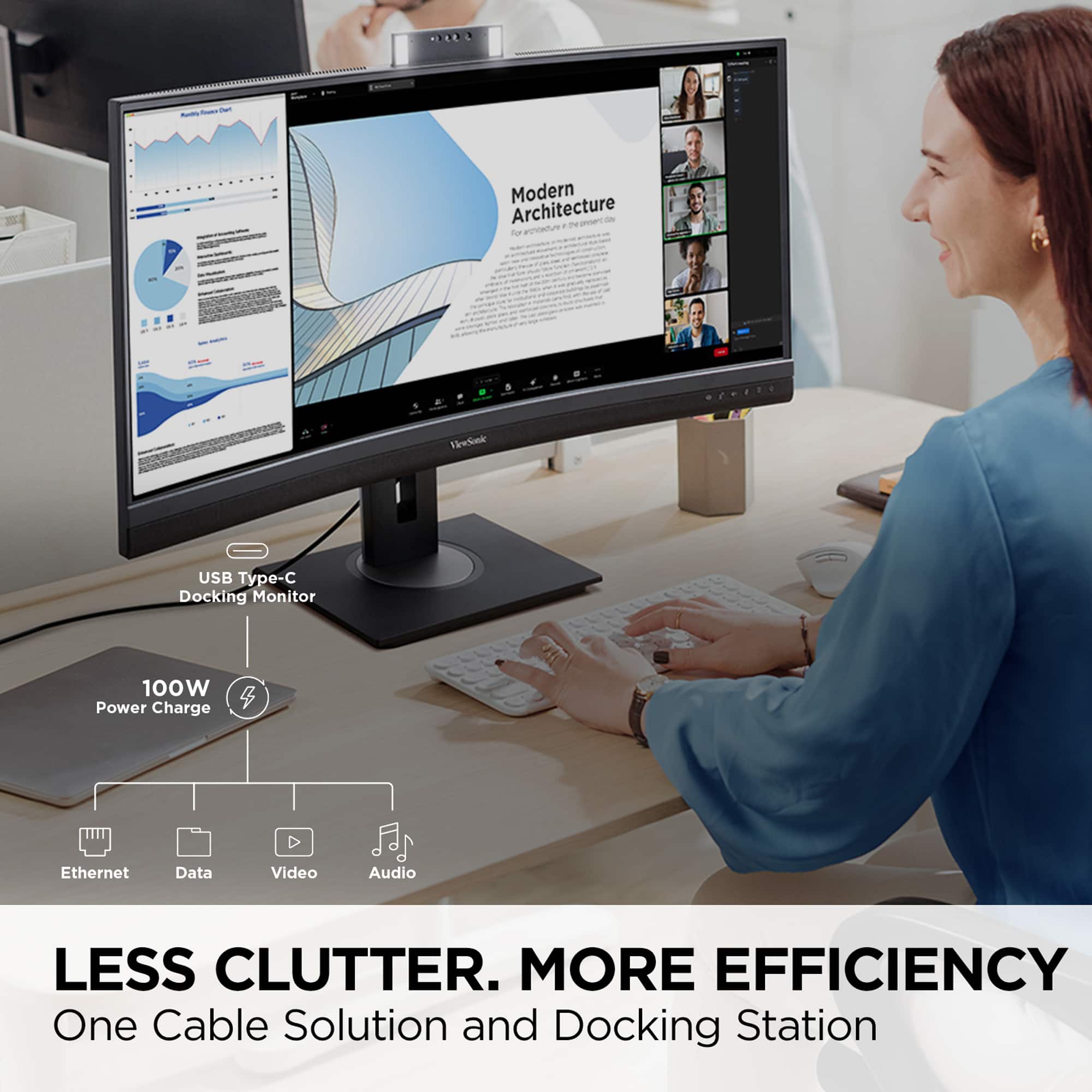 The text on the image reads: "Less Clutter, More Efficiency. One Cable Solution and Docking Station."