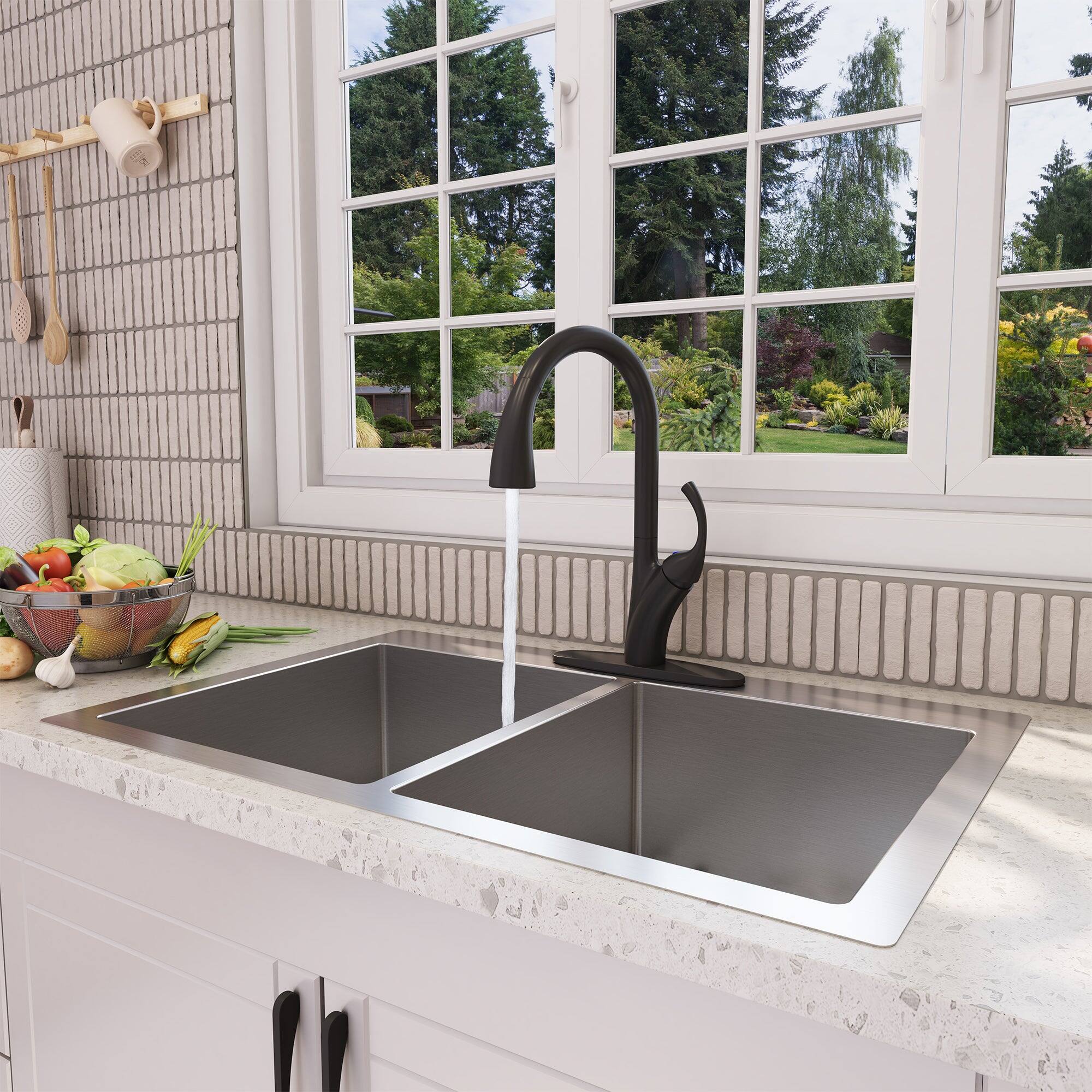 Alt View 3. Boyel Living - Stainless Steel Single Handle Pull Down Sprayer Kitchen Faucet with 3-Spray Patterns and Deck Plate in Matte Black - Matte Black.