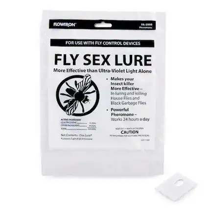 FLOWTRON FA-5000 Pheromone
FOR USE WITH FLY CONTROL DEVICES
FLY SEX LURE
More Effective than Ultra-Violet Light Alone
- Makes your Insect killer More Effective – In luring and killing House Flies and Black Garbage Flies
- Powerful Pheromone – Works 24 hours a day
ACTIVE INGREDIENT
(Z)-9-TRICOSENE 15.38%
OTHER INGREDIENT 84.62%
TOTAL 100.00%
Net Contents: One Lure*
*Contains 1 gm of (Z)-9-tricosene
KEEP OUT OF REACH OF CHILDREN
CAUTION
SEE BACK PANEL FOR ADDITIONAL PRECAUTIONS
S35-11068