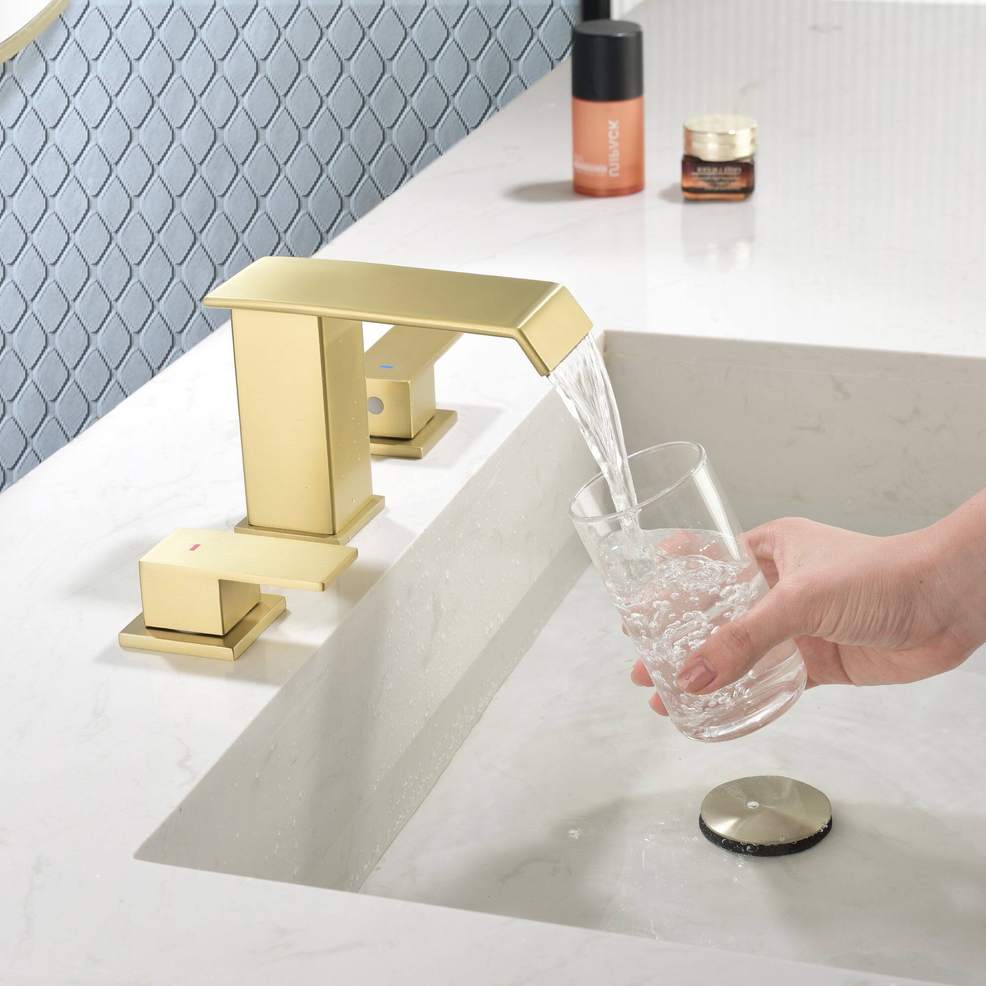 Alt View 2. Boyel Living - Brushed Gold Faucet SUS304 Waterfall Spout cUPC Quick Connect Dual Handle Pop Up Drain - Brushed Gold.