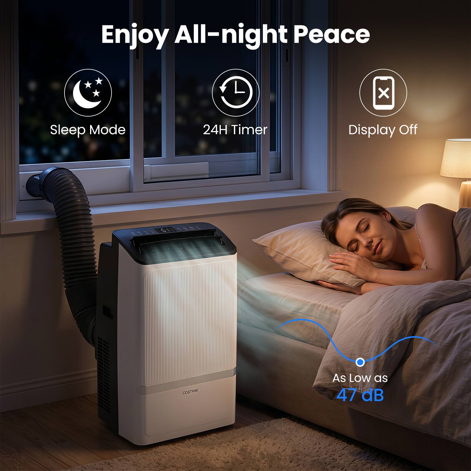 Enjoy All-night Peace

- Sleep Mode
- 24H Timer
- Display Off

As Low as 47 dB