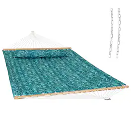 Sunnydaze - Large Quilted Hammock with Spreader Bar and Pillow - Cool Blue Tropics