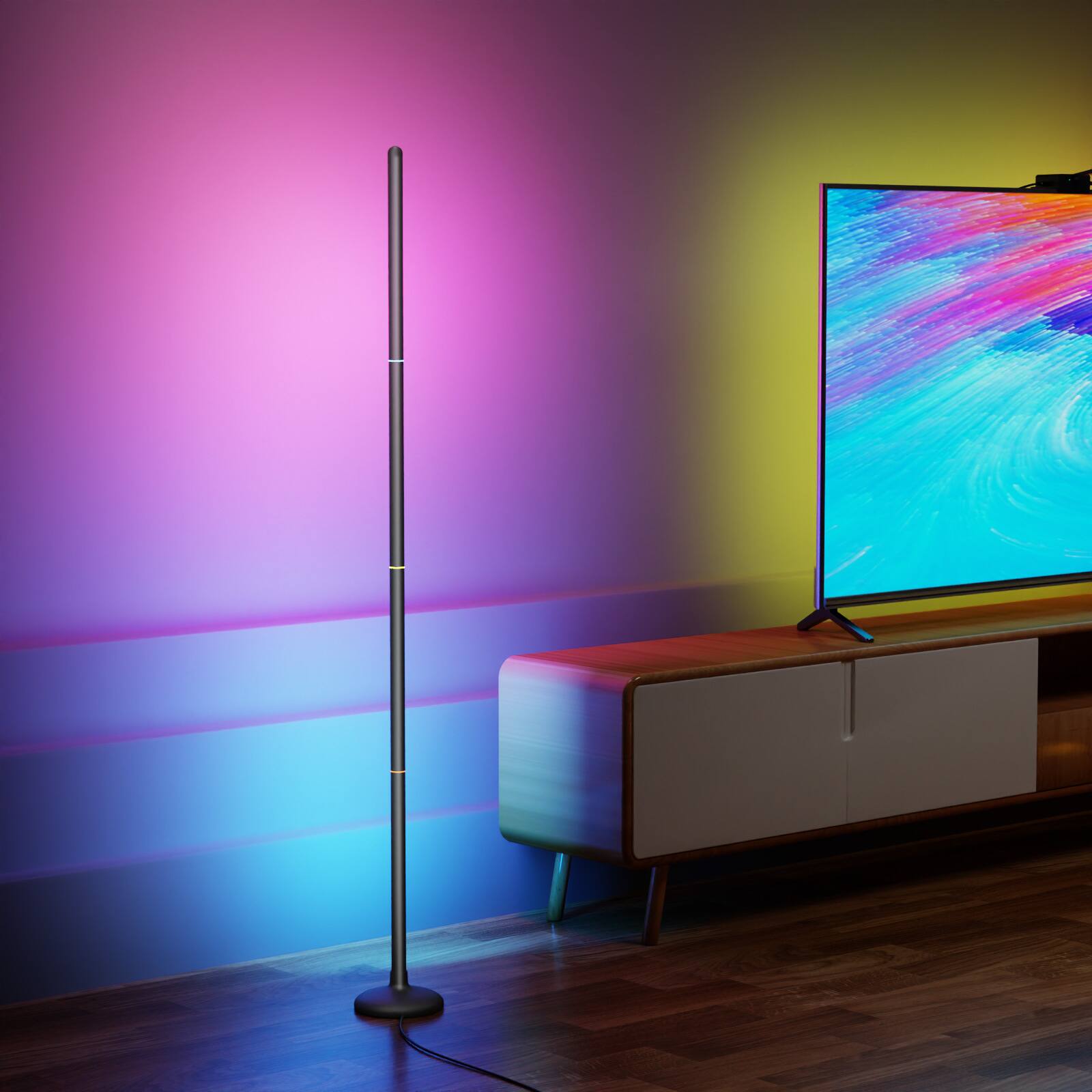 Front. DAYBETTER - 56 in. Black RGB LED Floor Lp with Bluetooth & Remote Control, 5050 LEDs, Plastic Shade.