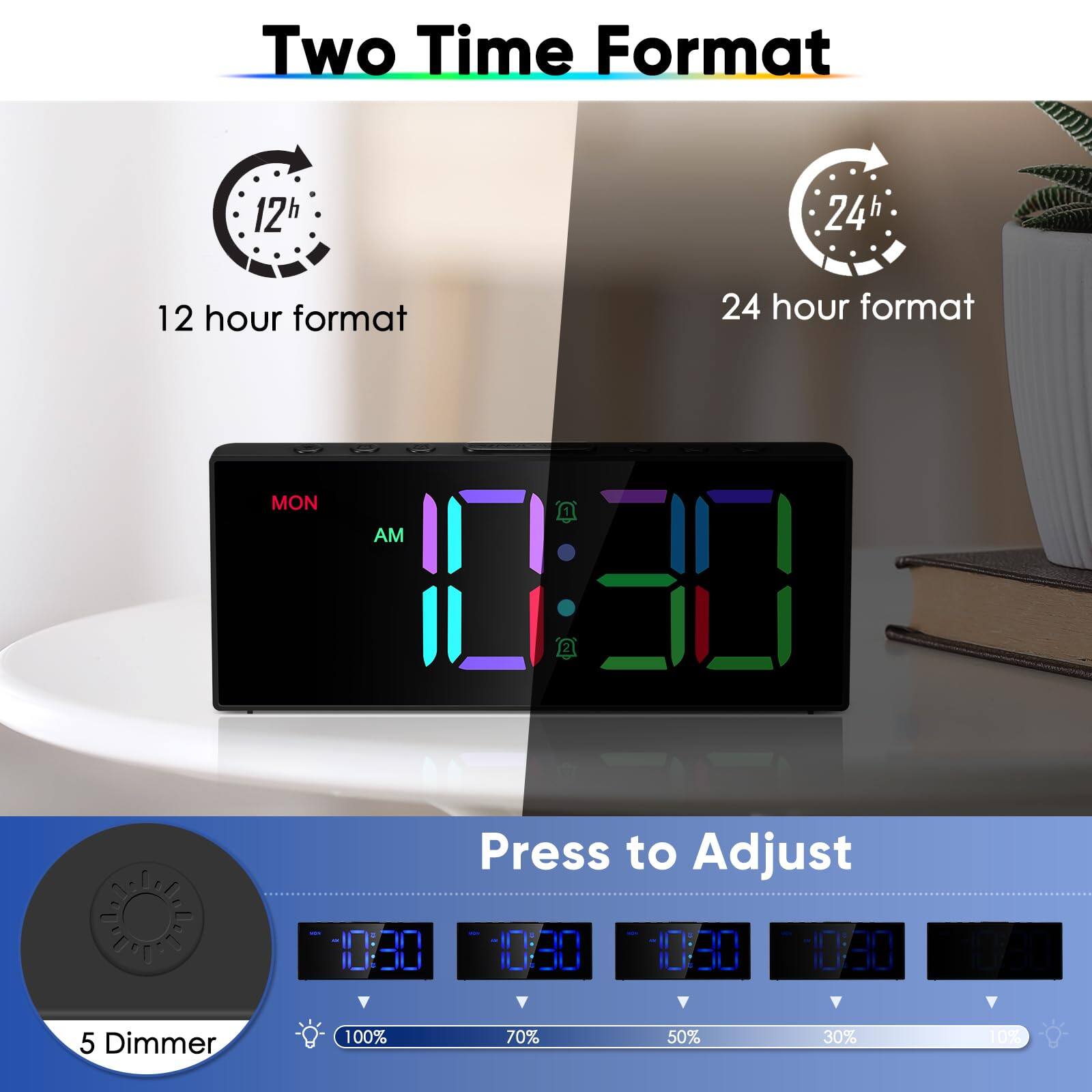 Two Time Format

12 hour format
24 hour format

Press to Adjust

5 Dimmer

100% 70% 50% 30% 10%