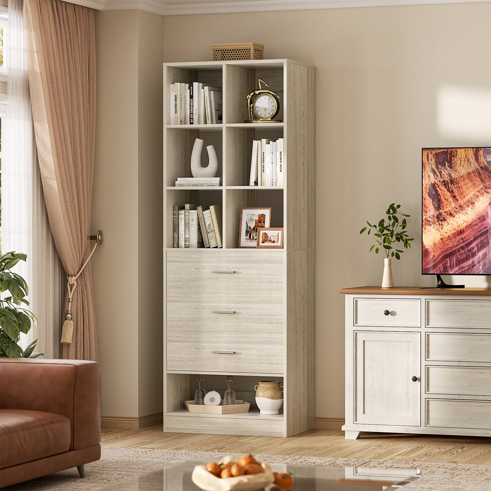 Back. Aheaplus - 23.6'' Freestanding Closet Organizer System with 3 Drawers and 6 Cube Storage, Modular Wardrobe Closet for Small Space - Beige Oak.