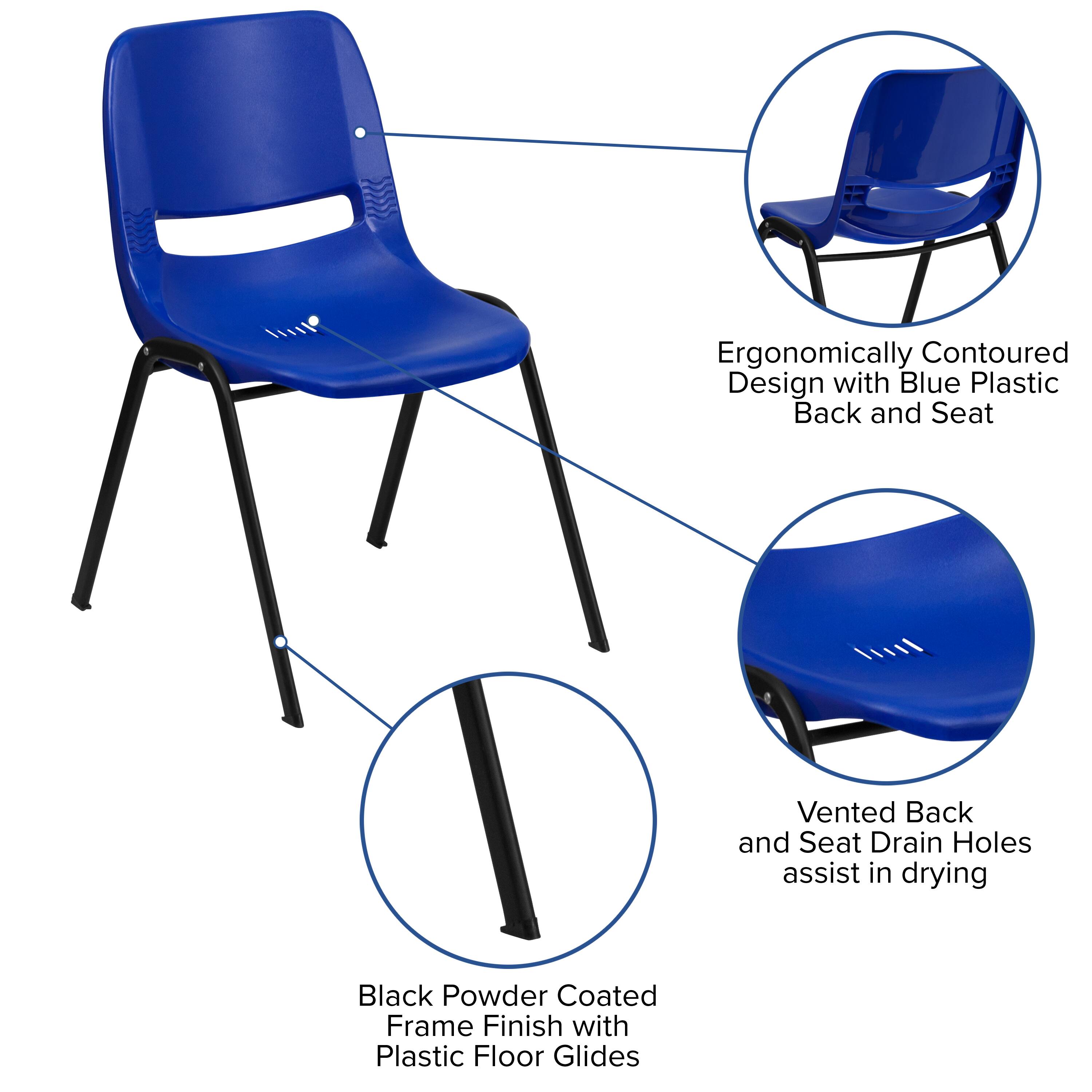 Ergonomically Contoured Design with Blue Plastic Back and Seat  
Vented Back and Seat Drain Holes assist in drying  
Black Powder Coated Frame Finish with Plastic Floor Glides