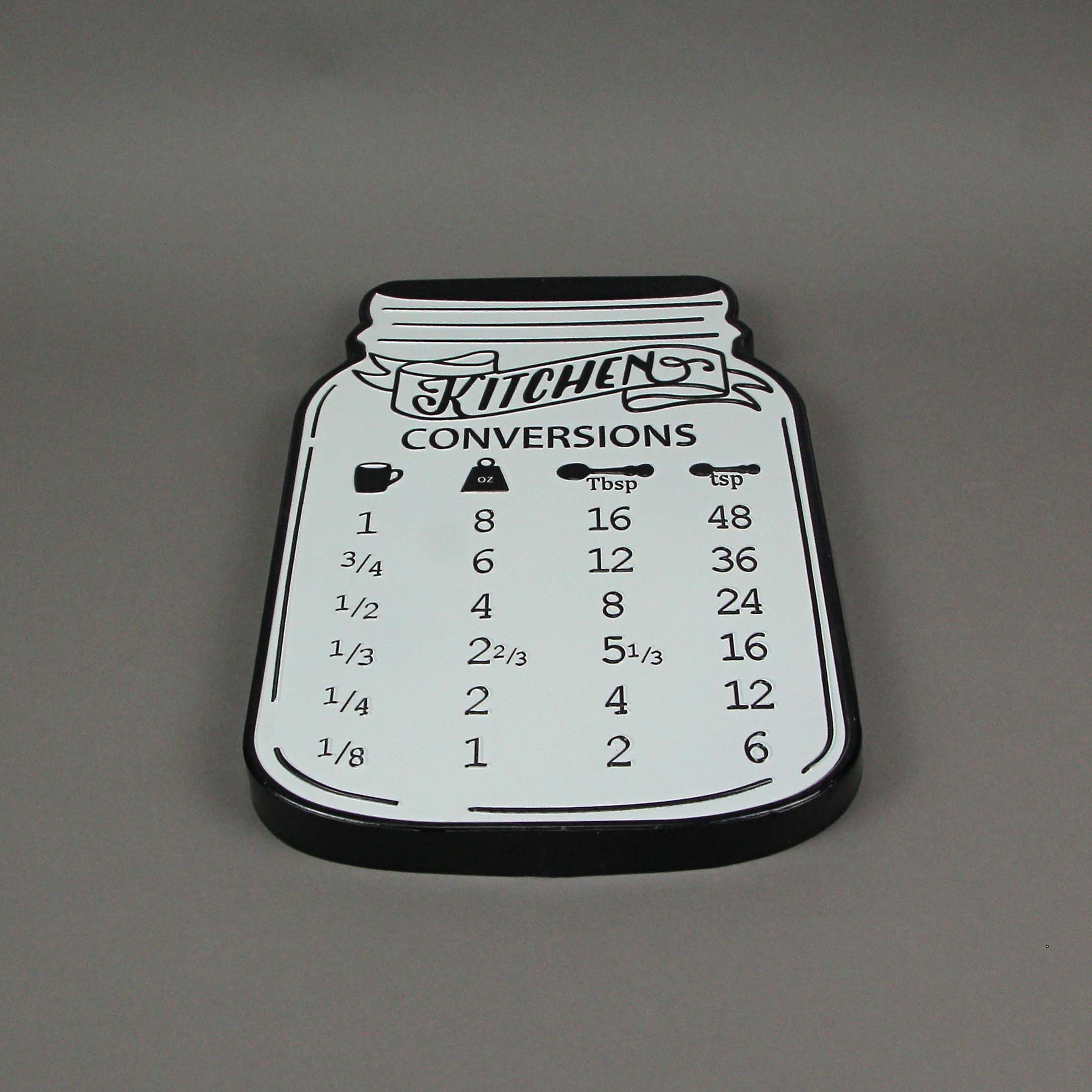 KITCHEN CONVERSIONS

1 cup = 8 oz = 16 Tbsp = 48 tsp

3/4 cup = 6 oz = 12 Tbsp = 36 tsp

1/2 cup = 4 oz = 8 Tbsp = 24 tsp

1/3 cup = 2 2/3 oz = 5 1/3 Tbsp = 16 tsp

1/4 cup = 2 oz = 4 Tbsp = 12 tsp

1/8 cup = 1 oz = 2 Tbsp = 6 tsp