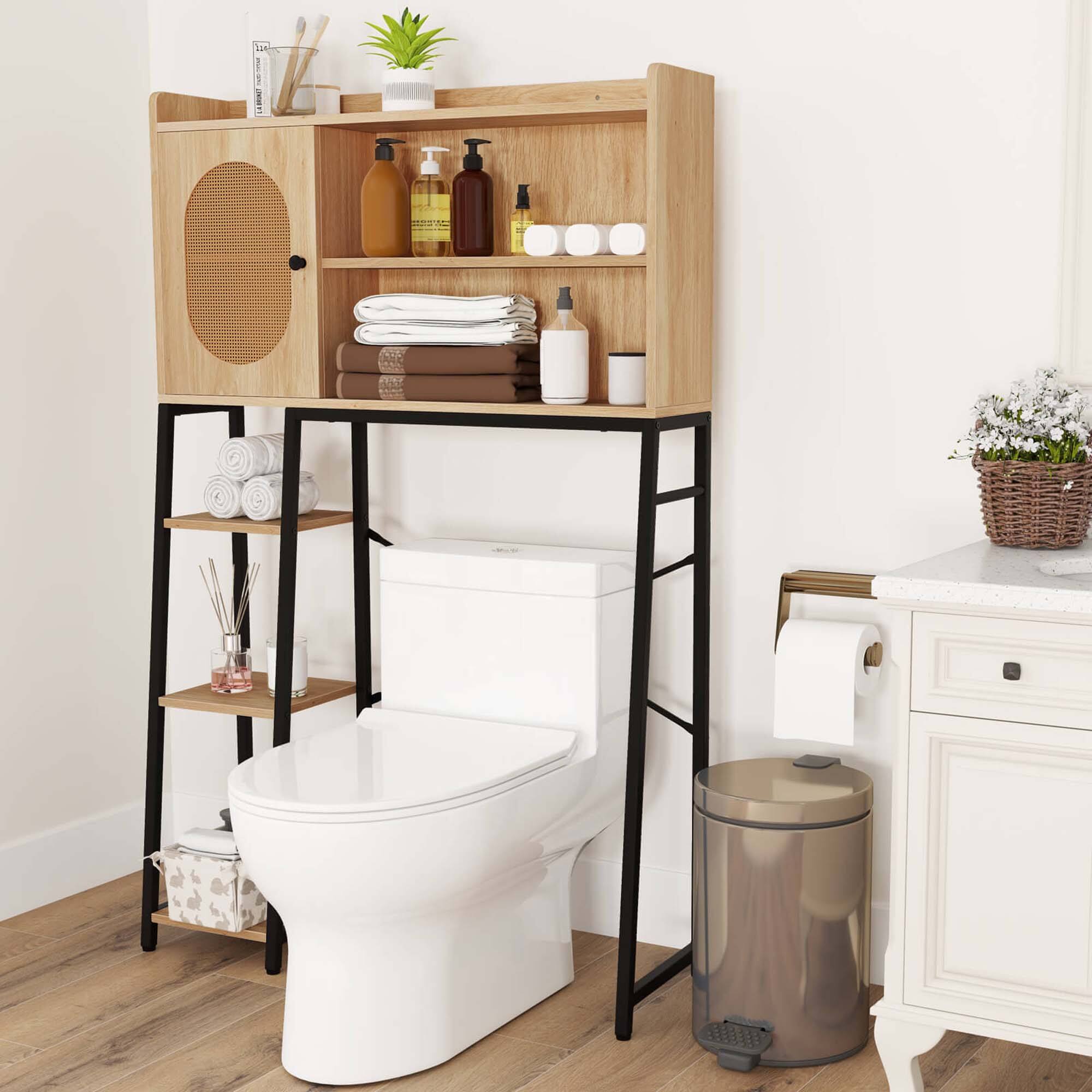 Alt View 1. Costway - Costway Over The Toilet Storage Cabinet Space-saving Toilet Organizer with PE Rattan Door - Beige.
