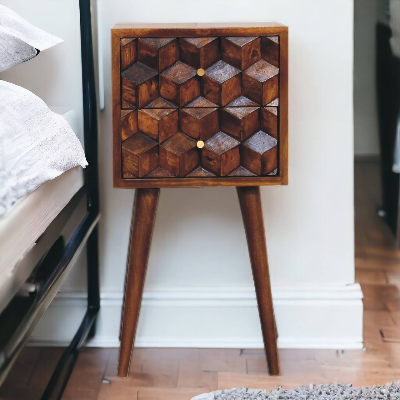 Alt View 8. Artisan Furniture - Artisan Furniture Solid Wood Mini Chestnut Cube 2 Drawer, Nordic legs, Nightstand, Dark Brown - Chestnut.