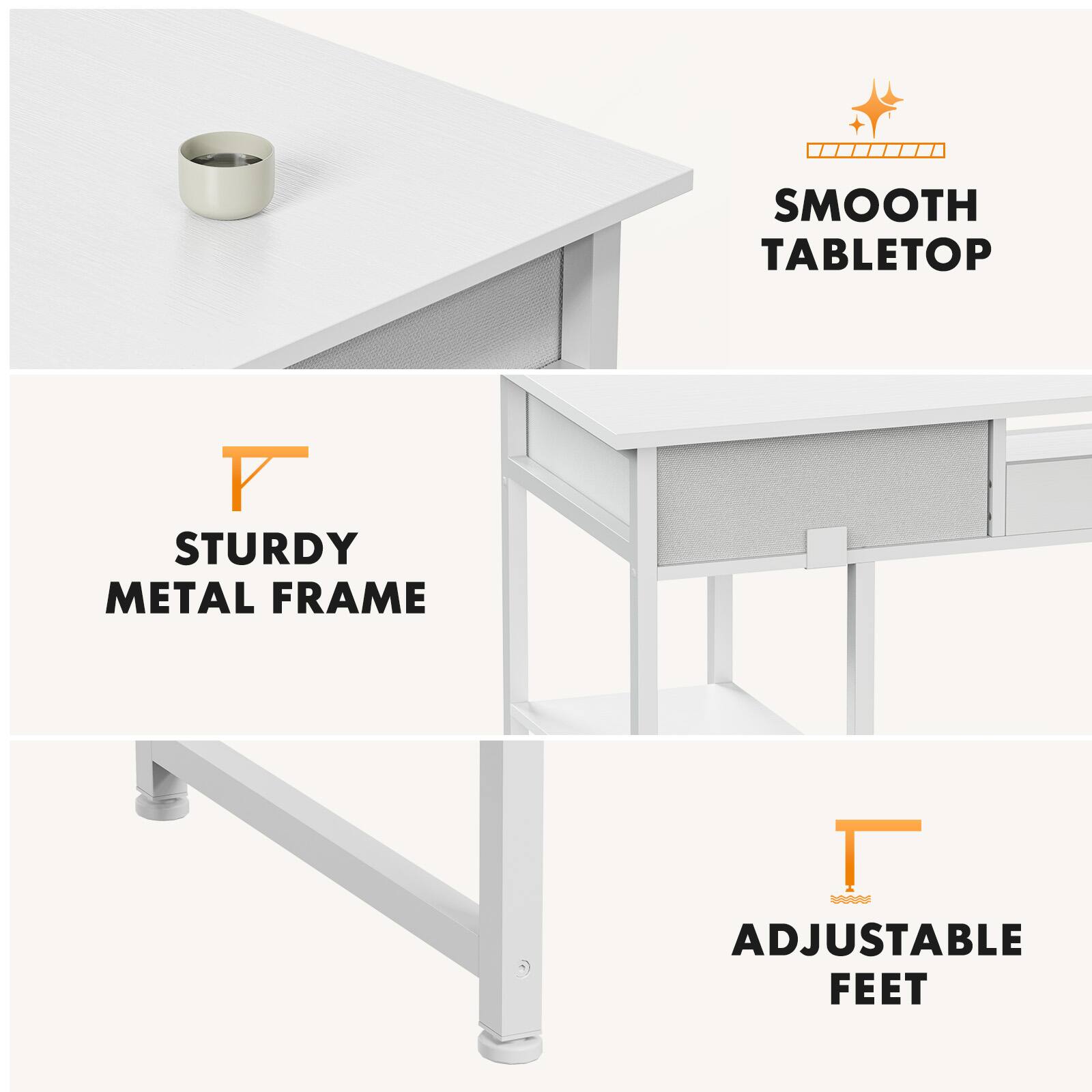 - SMOOTH TABLETOP
- STURDY METAL FRAME
- ADJUSTABLE FEET