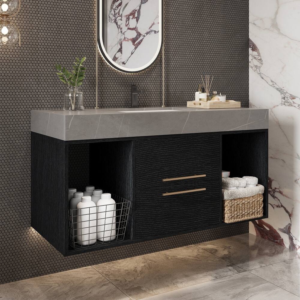 Back. Loheer - Loheer 39.4 inch floating bathroom vanity Black Wall Mounted Vanity with Sintered Stone Top Ceramic Sink - Black, Gray.