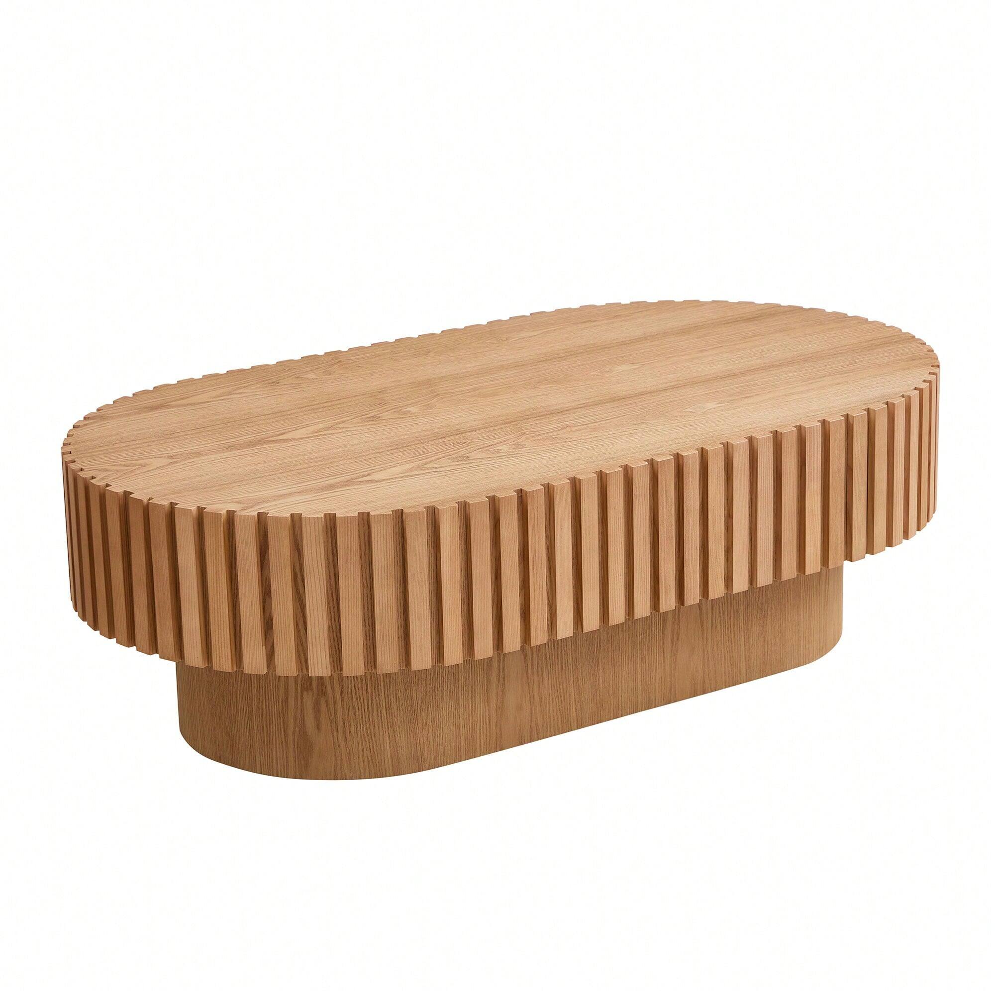 Alt View 5. Trinkets Crazed - Round Fluted Coffee Table, Mid Century Modern Irregular Large 43.7 Inch Wood Drum Design - Natural.