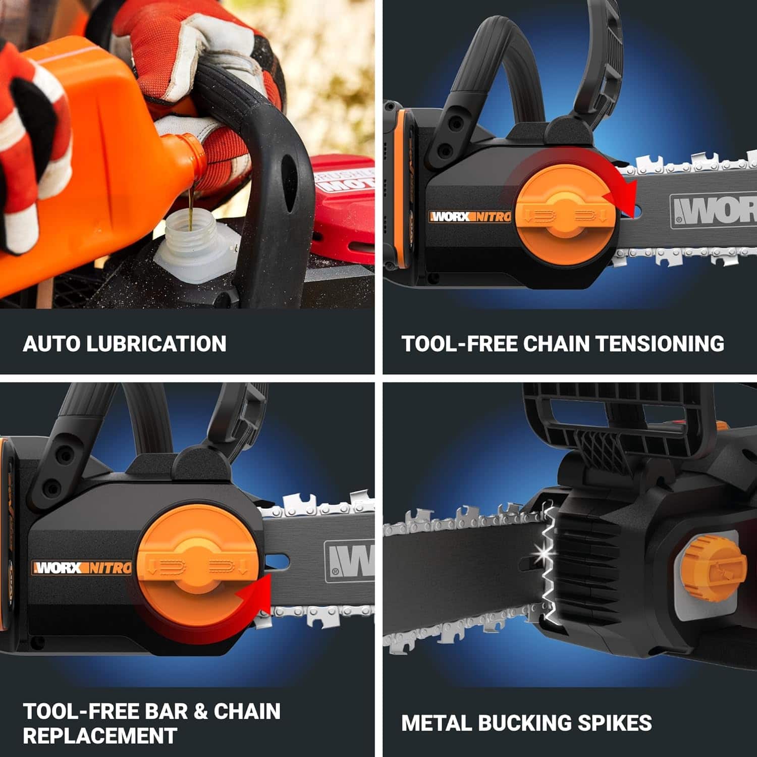 WORXNITRO 1 WOR AUTO LUBRICATION TOOL-FREE CHAIN TENSIONING WORX\_NITRO = .W TOOL-FREE BAR & CHAIN REPLACEMENT METAL BUCKING SPIKES