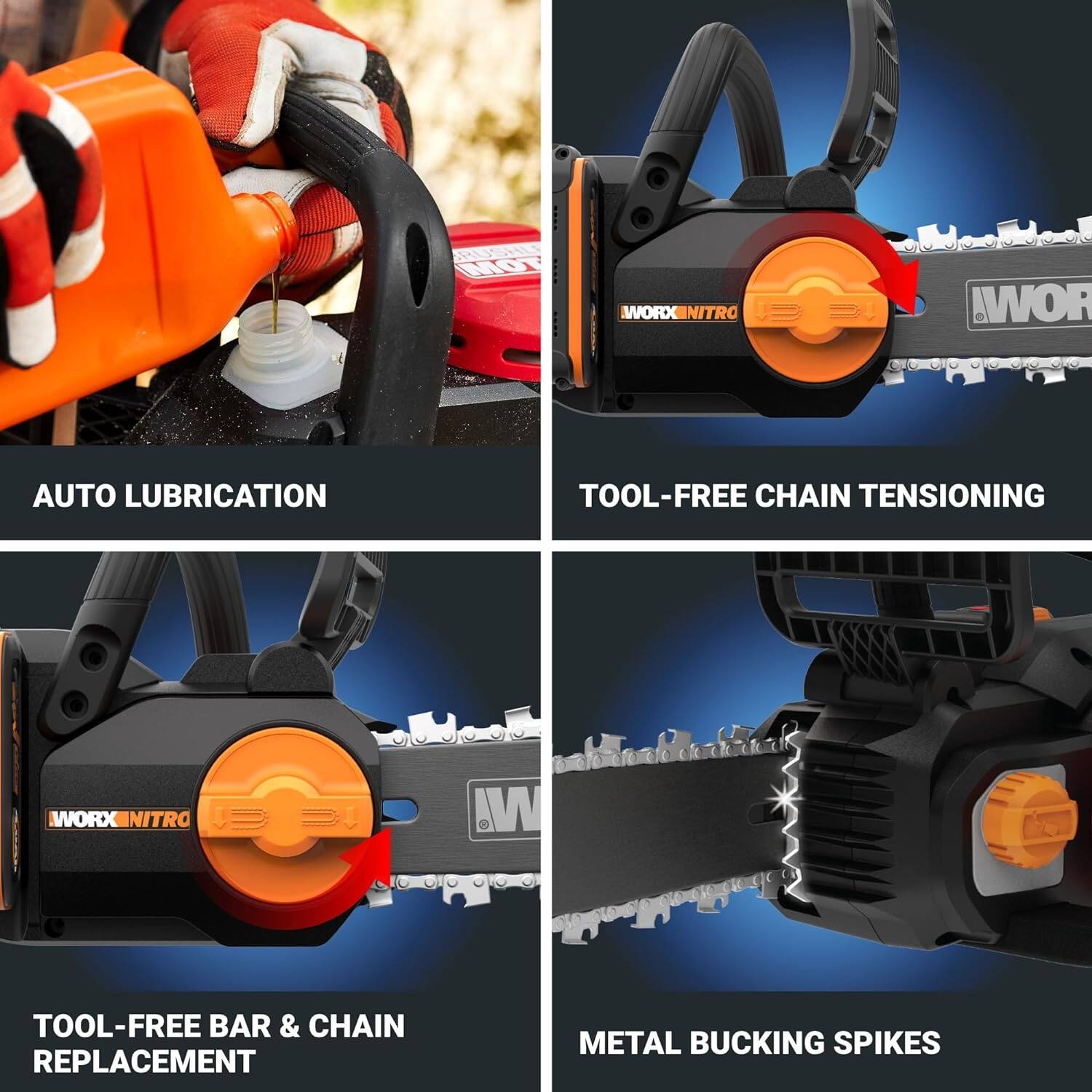WORXNITRO 1  WOR AUTO LUBRICATION TOOL-FREE CHAIN TENSIONING WORX\_NITRO = .W TOOL-FREE BAR & CHAIN REPLACEMENT METAL BUCKING SPIKES