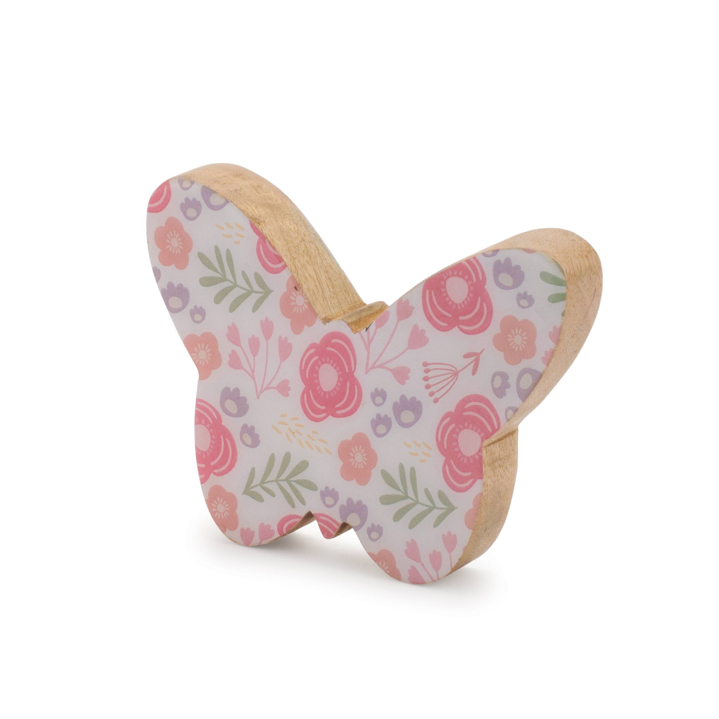 Back. BreeBe - Wood Floral Patterned Butterfly Decor (Set of 2) - White, Pink.