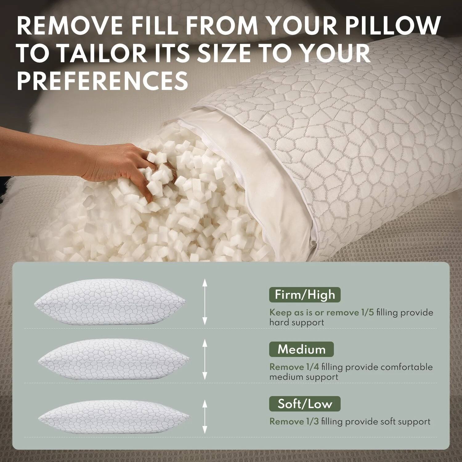 REMOVE FILL FROM YOUR PILLOW TO TAILOR ITS SIZE TO YOUR PREFERENCES

Firm/High  
Keep as is or remove 1/5 filling to provide hard support

Medium  
Remove 1/4 filling to provide comfortable medium support

Soft/Low  
Remove 1/3 filling to provide soft support