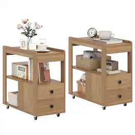 Gymax - 2 PCS Narrow End Table Modern 2-Drawer Sofa Side Table w/ Open Shelves Nightstand - Natural